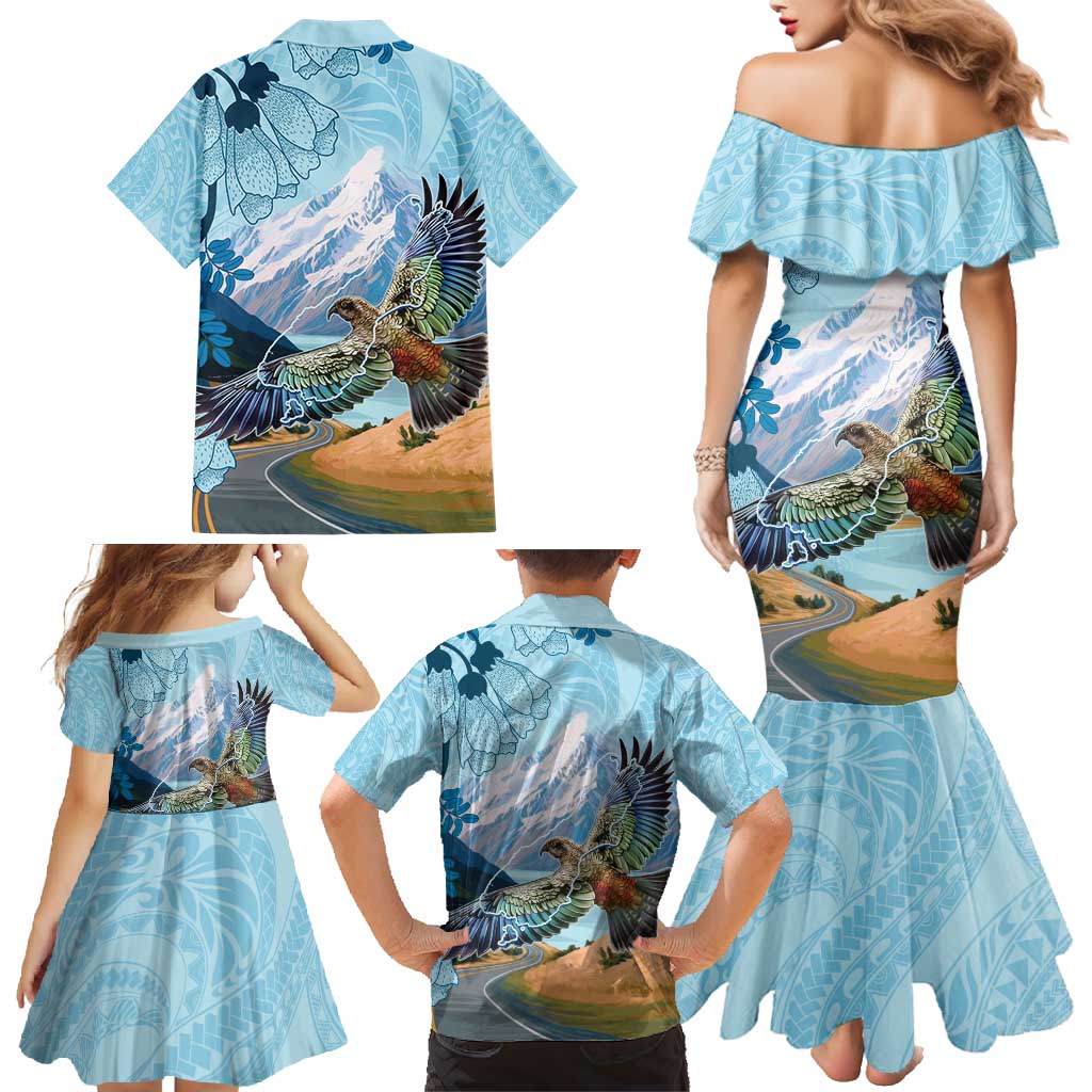 New Zealand South Island Family Matching Mermaid Dress and Hawaiian Shirt Te Waipounamu Aoraki Kea Bird