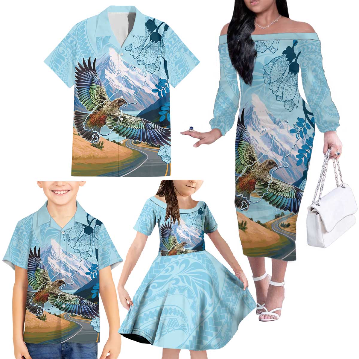 New Zealand South Island Family Matching Off The Shoulder Long Sleeve Dress and Hawaiian Shirt Te Waipounamu Aoraki Kea Bird