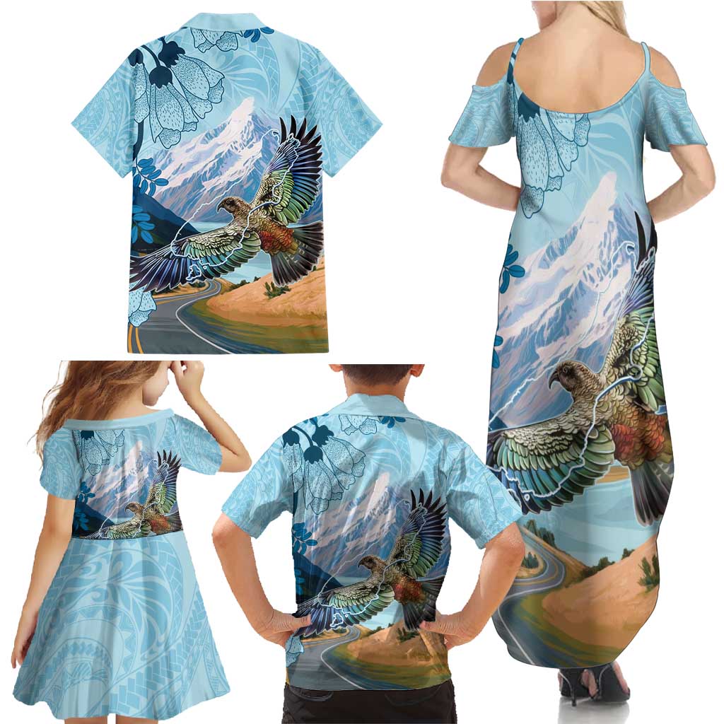 New Zealand South Island Family Matching Summer Maxi Dress and Hawaiian Shirt Te Waipounamu Aoraki Kea Bird