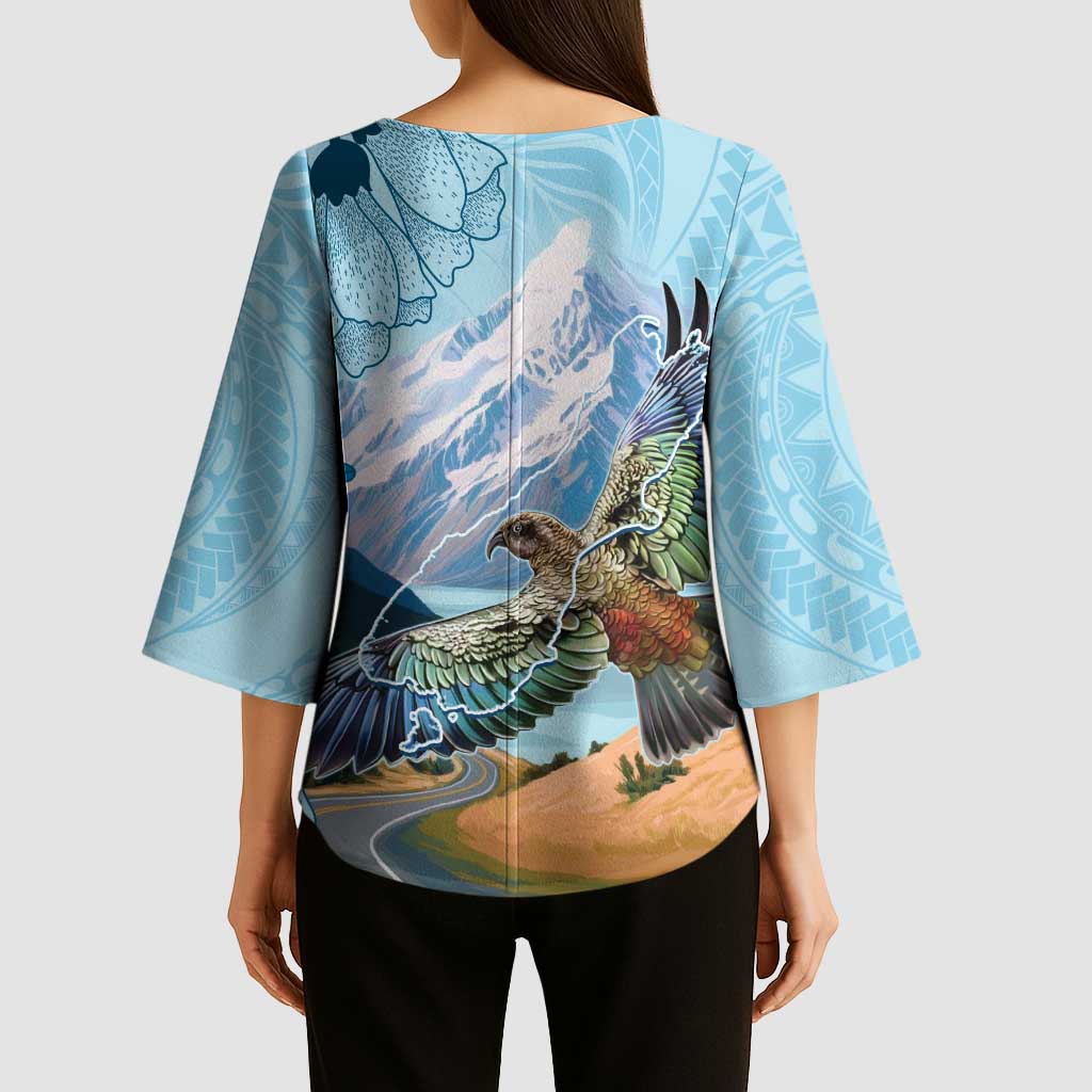 New Zealand South Island Kimono Sleeve Blouse Te Waipounamu Aoraki Kea Bird - Polynesian Pride