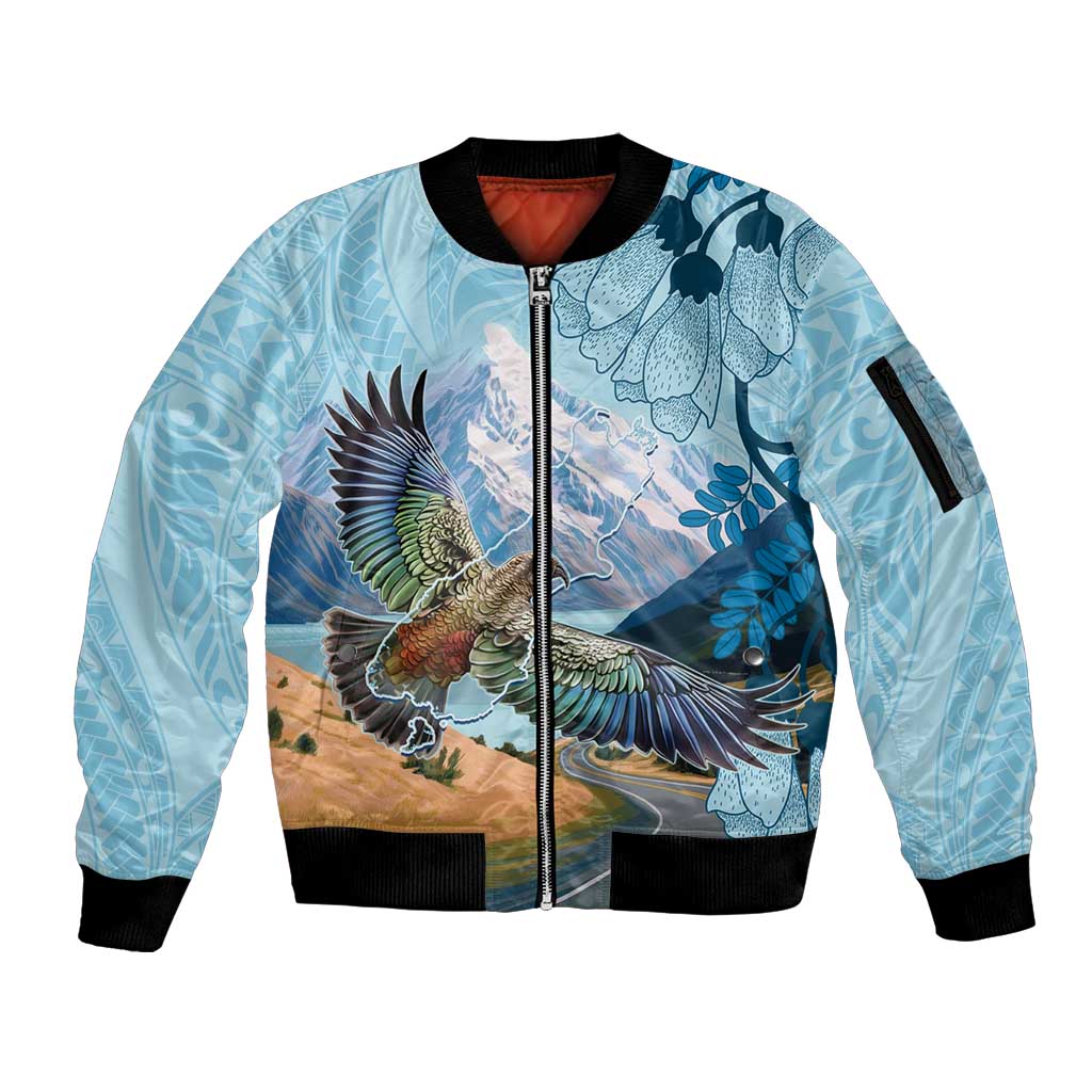 New Zealand South Island Sleeve Zip Bomber Jacket Te Waipounamu Aoraki Kea Bird
