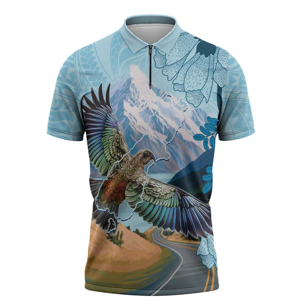 New Zealand South Island Zipper Polo Shirt Te Waipounamu Aoraki Kea Bird - Polynesian Pride