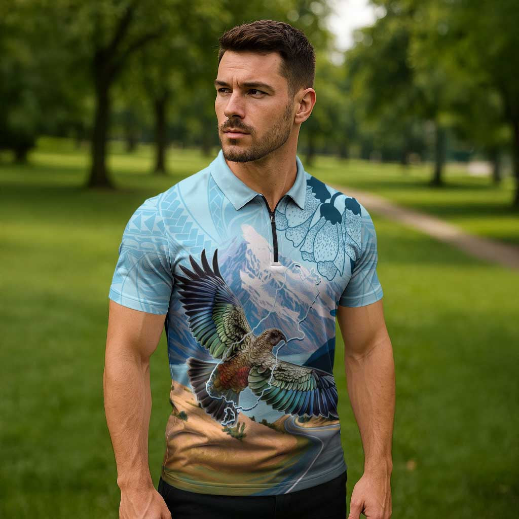 New Zealand South Island Zipper Polo Shirt Te Waipounamu Aoraki Kea Bird - Polynesian Pride