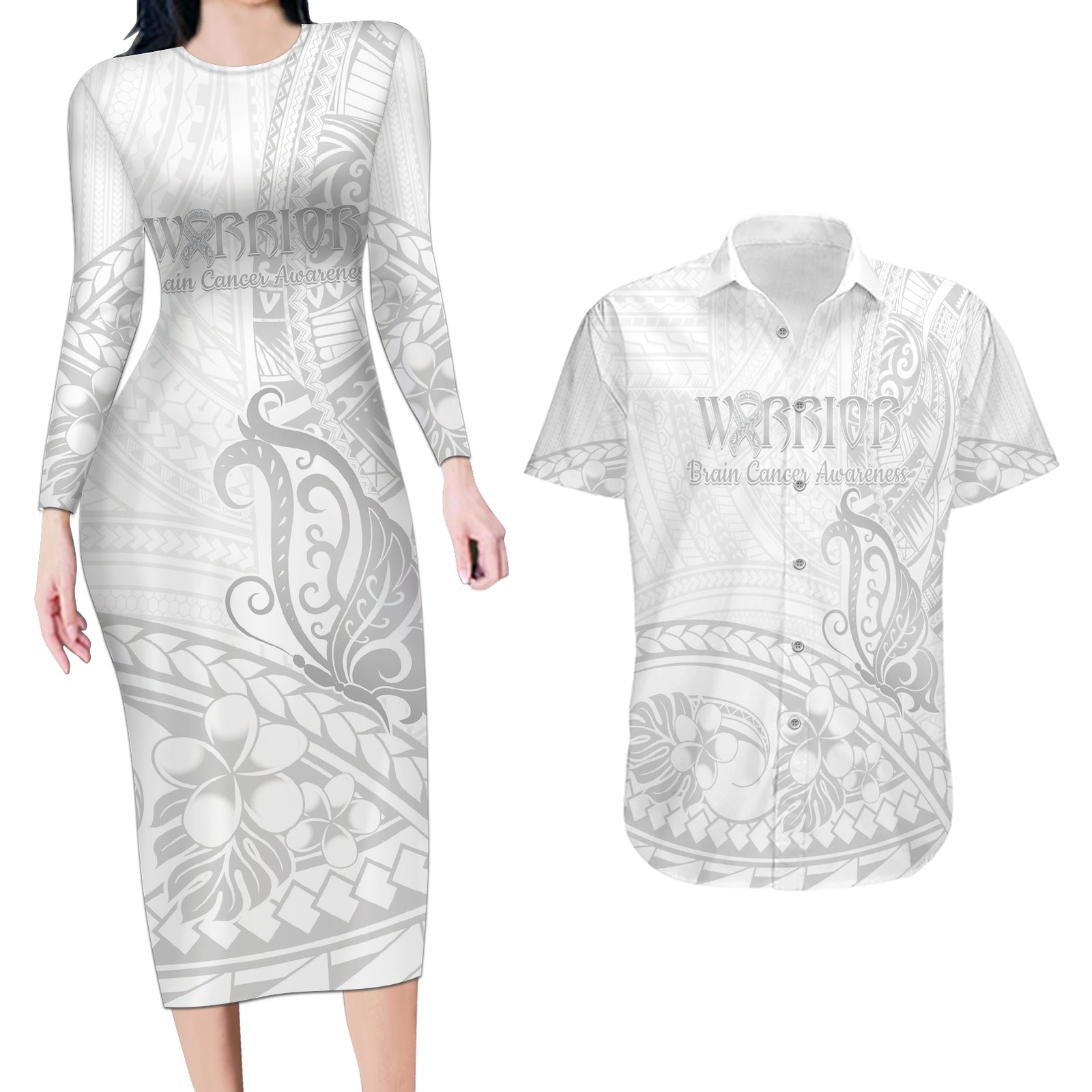 Polynesia Brain Cancer Awareness Couples Matching Long Sleeve Bodycon Dress and Hawaiian Shirt In May We Wear Grey LT14 White - Polynesian Pride