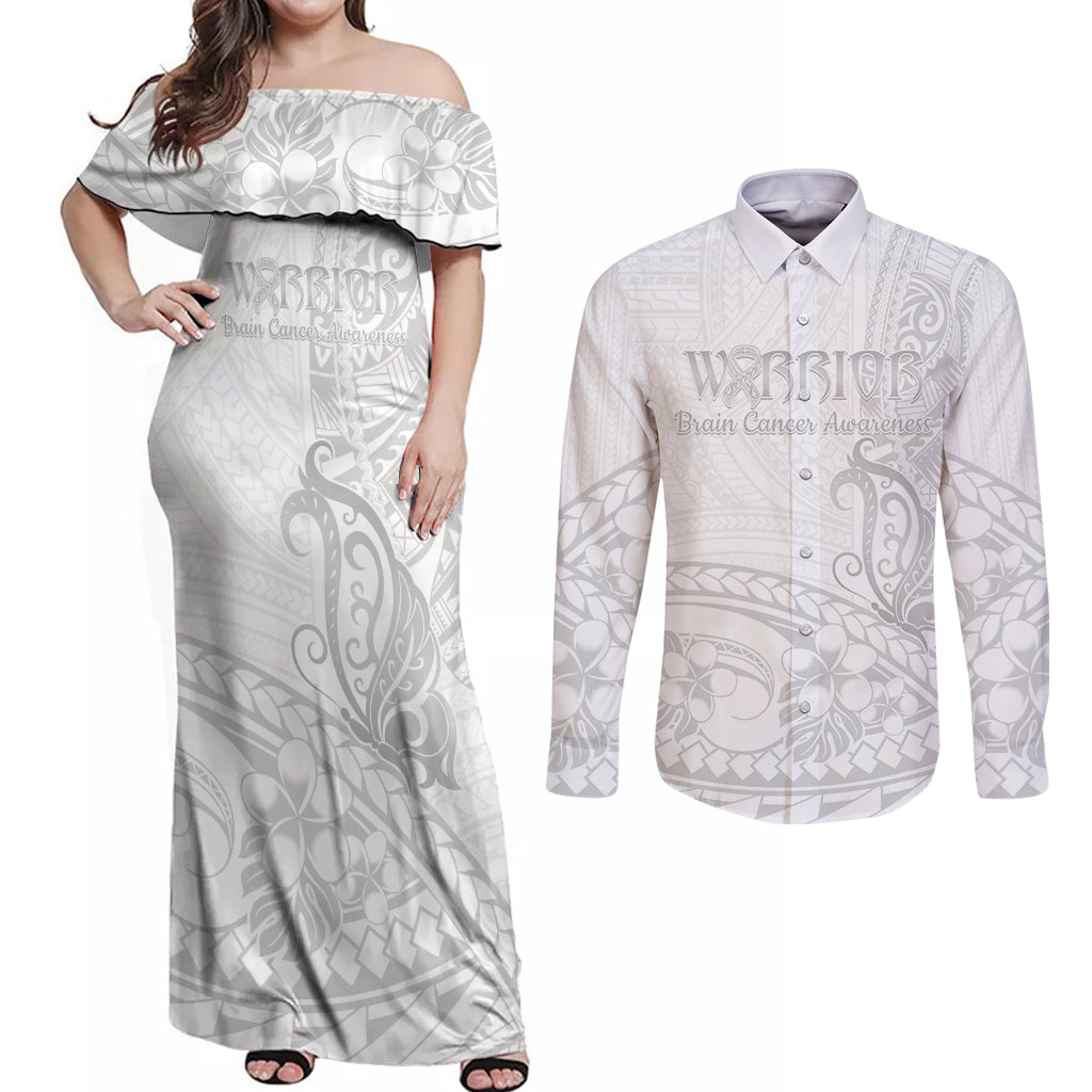 Polynesia Brain Cancer Awareness Couples Matching Off Shoulder Maxi Dress and Long Sleeve Button Shirt In May We Wear Grey LT14 White - Polynesian Pride