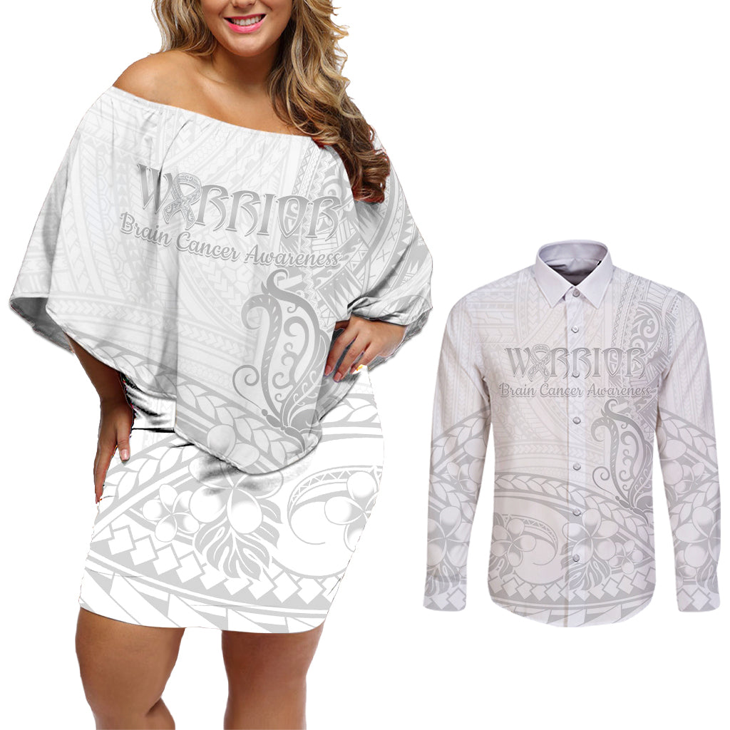 Polynesia Brain Cancer Awareness Couples Matching Off Shoulder Short Dress and Long Sleeve Button Shirt In May We Wear Grey LT14 White - Polynesian Pride