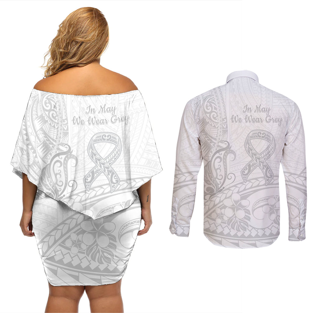 Polynesia Brain Cancer Awareness Couples Matching Off Shoulder Short Dress and Long Sleeve Button Shirt In May We Wear Grey LT14 - Polynesian Pride