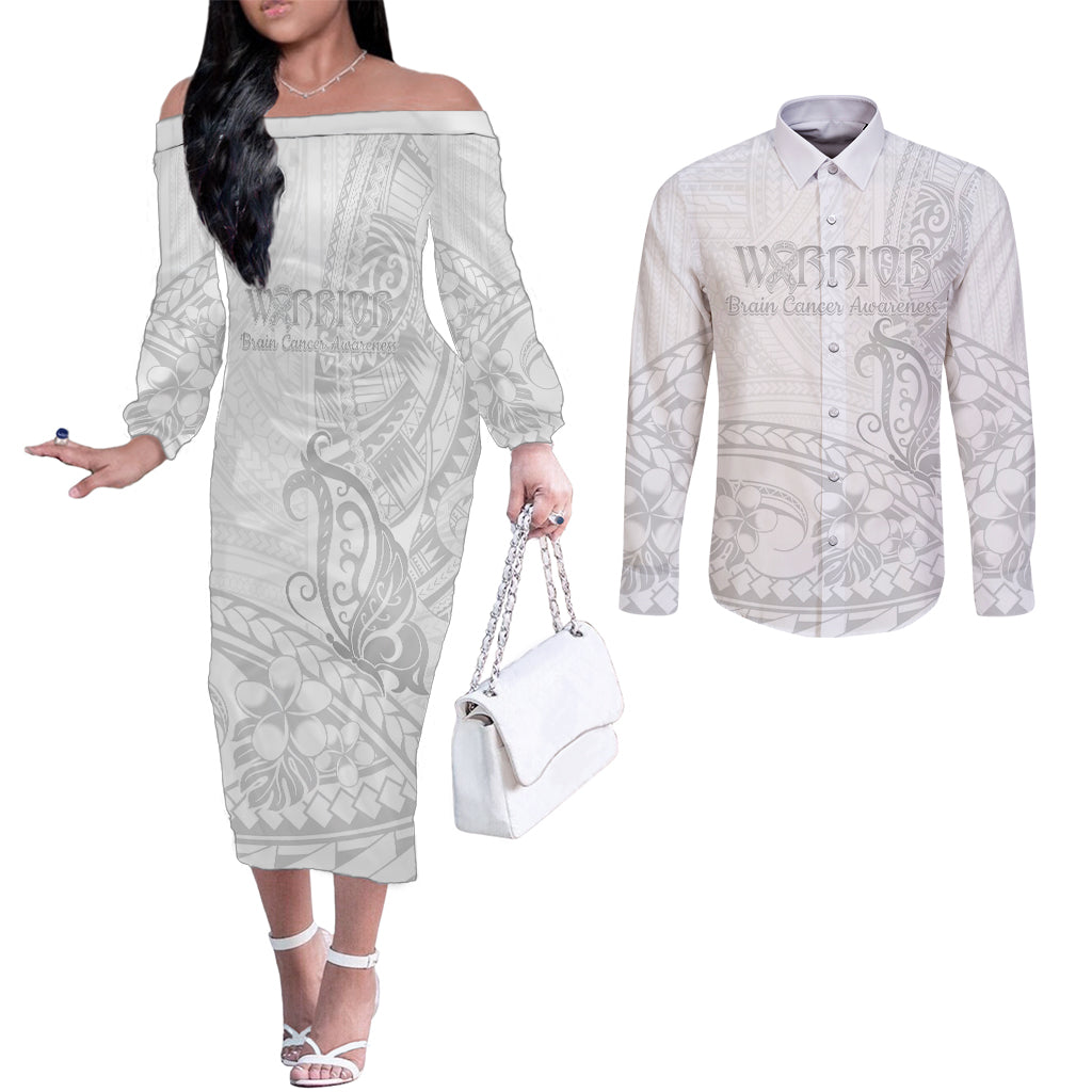 Polynesia Brain Cancer Awareness Couples Matching Off The Shoulder Long Sleeve Dress and Long Sleeve Button Shirt In May We Wear Grey LT14 White - Polynesian Pride