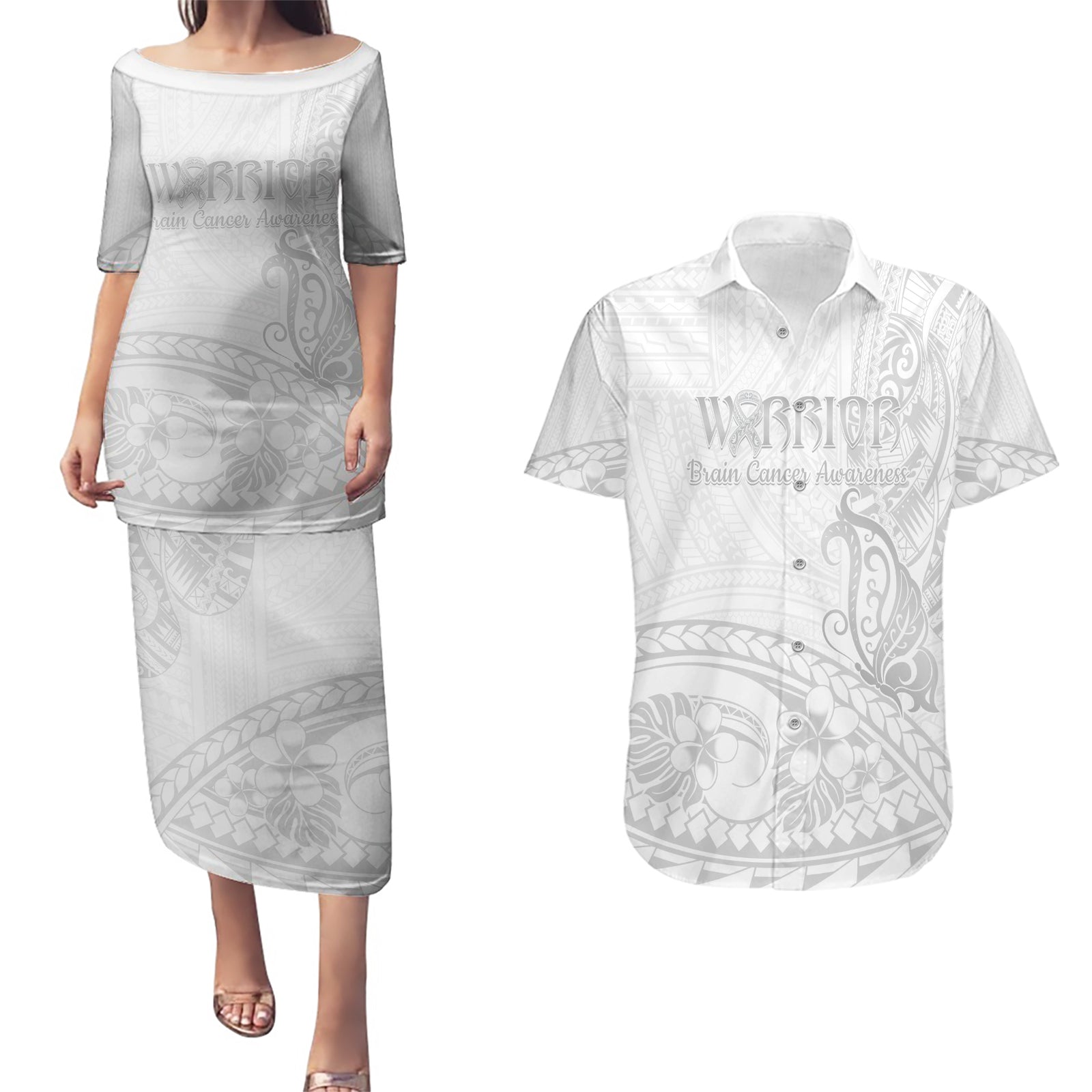 Polynesia Brain Cancer Awareness Couples Matching Puletasi and Hawaiian Shirt In May We Wear Grey LT14 White - Polynesian Pride
