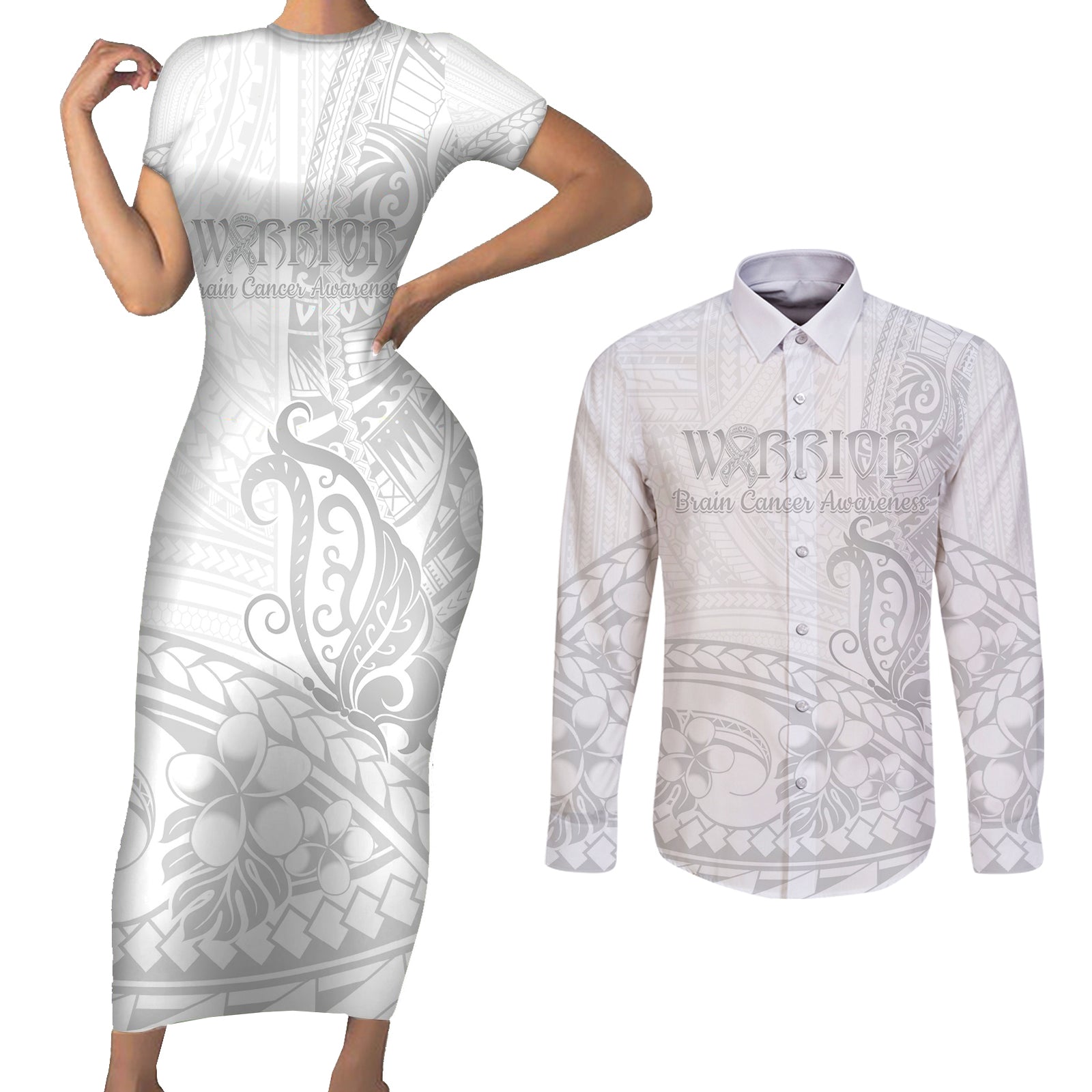 Polynesia Brain Cancer Awareness Couples Matching Short Sleeve Bodycon Dress and Long Sleeve Button Shirt In May We Wear Grey LT14 White - Polynesian Pride