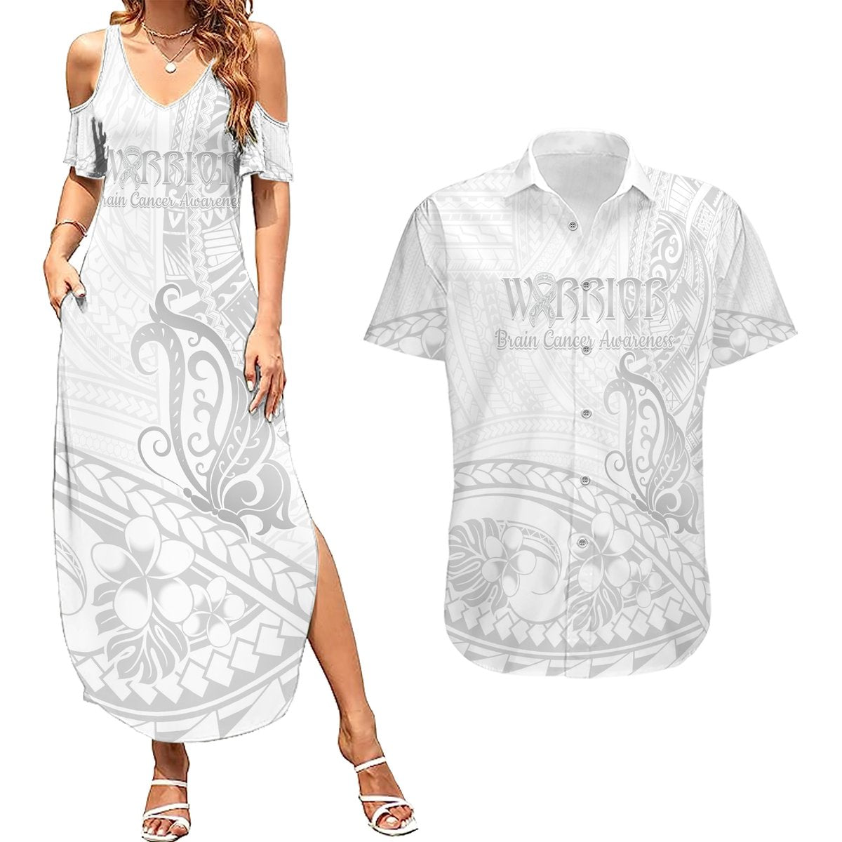 Polynesia Brain Cancer Awareness Couples Matching Summer Maxi Dress and Hawaiian Shirt In May We Wear Grey LT14 White - Polynesian Pride