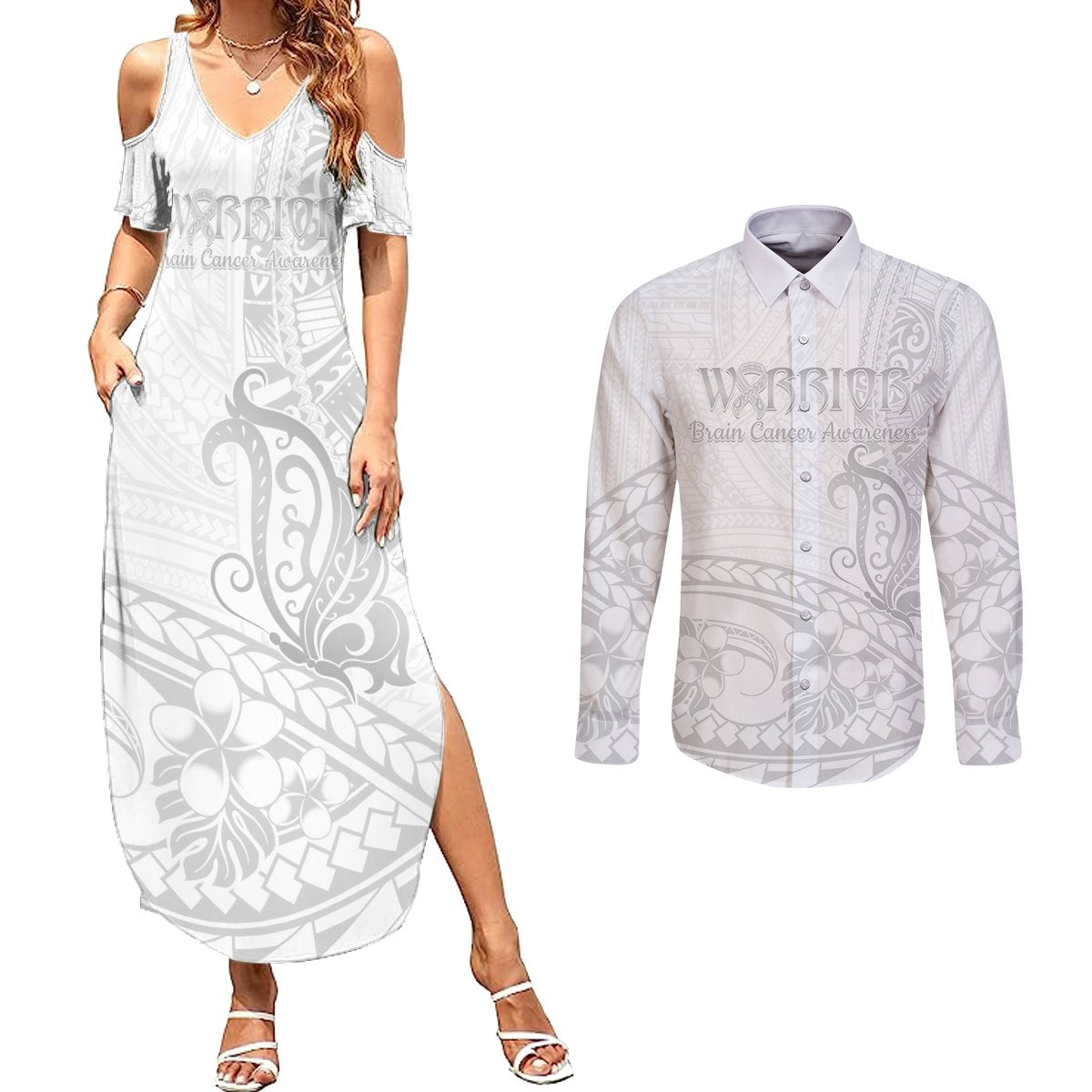 Polynesia Brain Cancer Awareness Couples Matching Summer Maxi Dress and Long Sleeve Button Shirt In May We Wear Grey LT14 White - Polynesian Pride