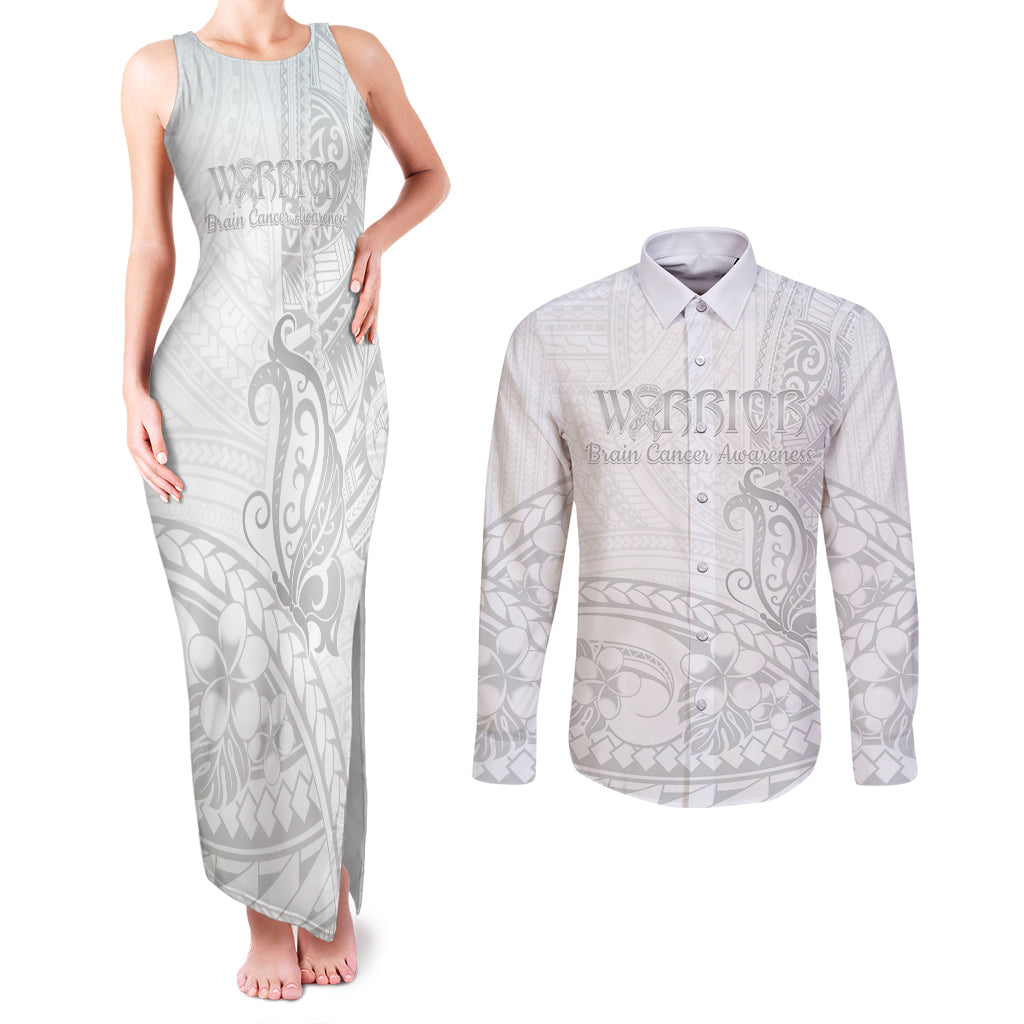 Polynesia Brain Cancer Awareness Couples Matching Tank Maxi Dress and Long Sleeve Button Shirt In May We Wear Grey LT14 White - Polynesian Pride