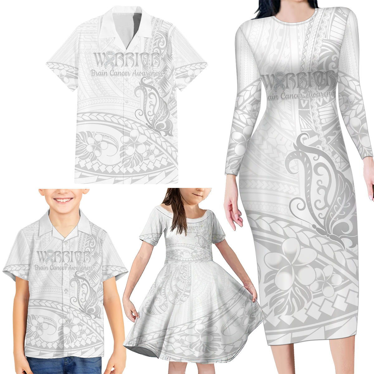 Polynesia Brain Cancer Awareness Family Matching Long Sleeve Bodycon Dress and Hawaiian Shirt In May We Wear Grey