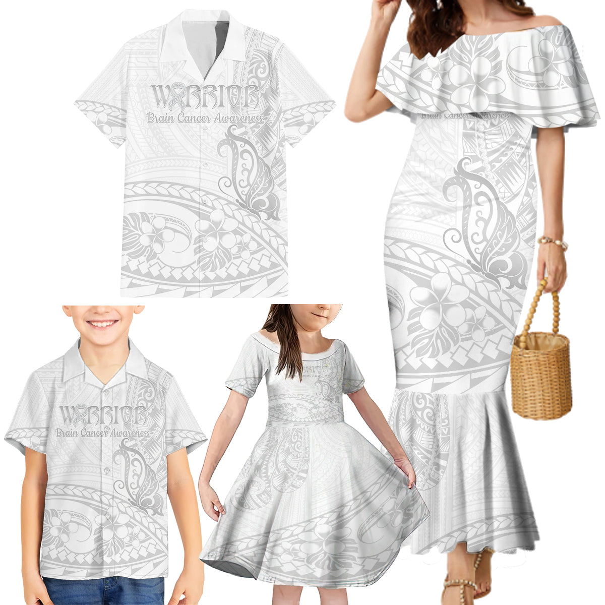 Polynesia Brain Cancer Awareness Family Matching Mermaid Dress and Hawaiian Shirt In May We Wear Grey