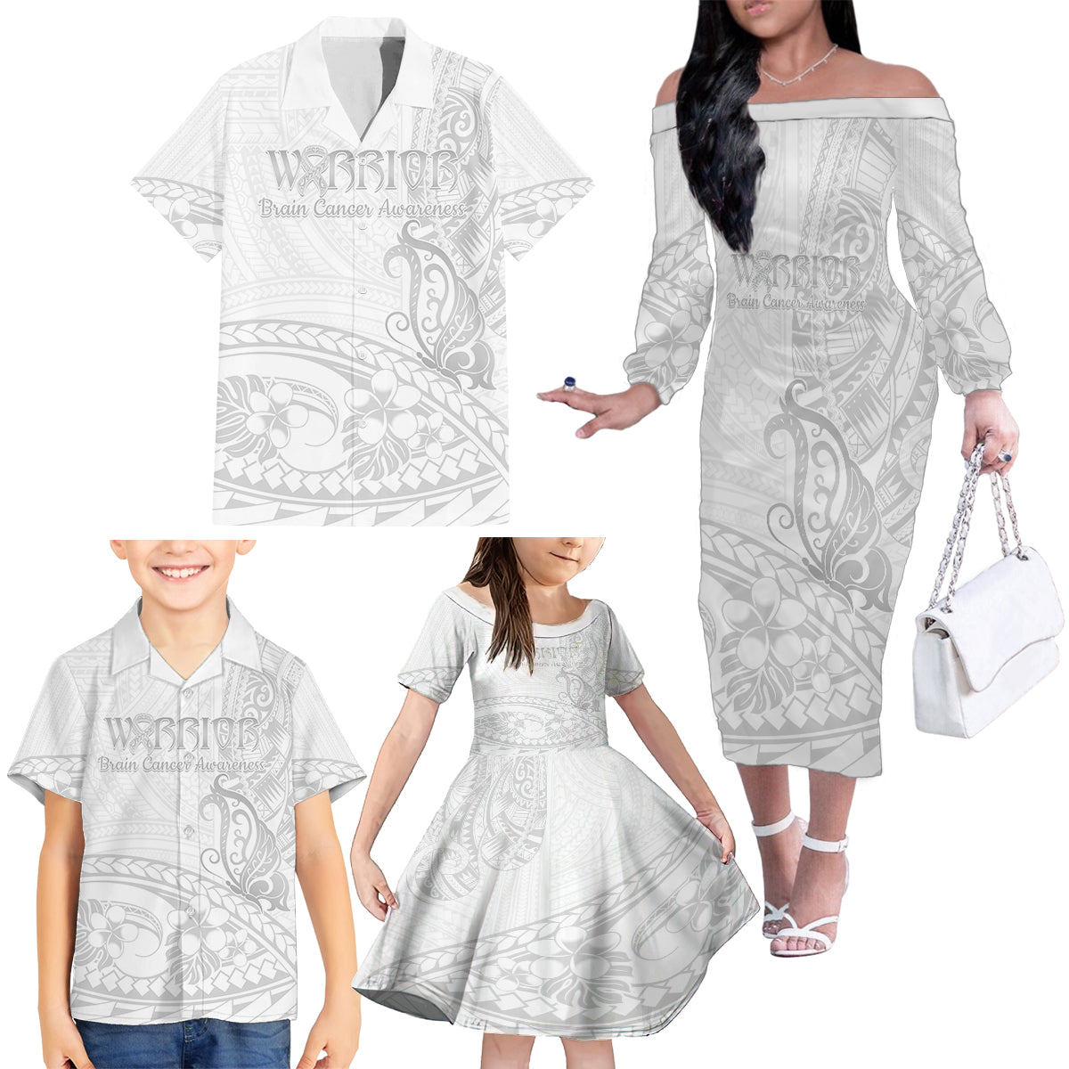 Polynesia Brain Cancer Awareness Family Matching Off The Shoulder Long Sleeve Dress and Hawaiian Shirt In May We Wear Grey