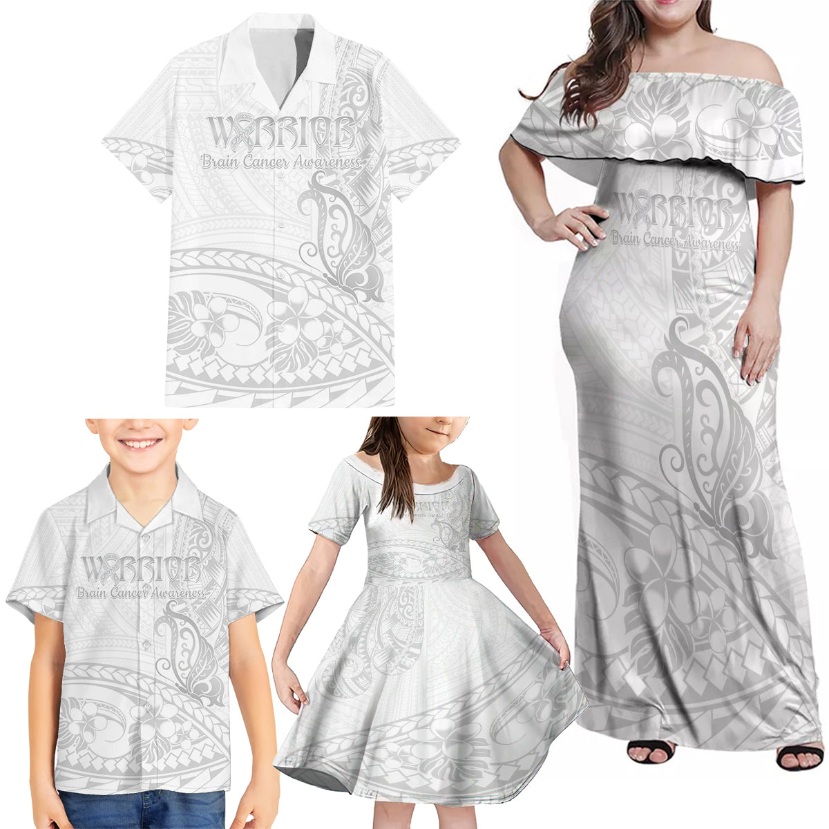 Polynesia Brain Cancer Awareness Family Matching Off Shoulder Maxi Dress and Hawaiian Shirt In May We Wear Grey