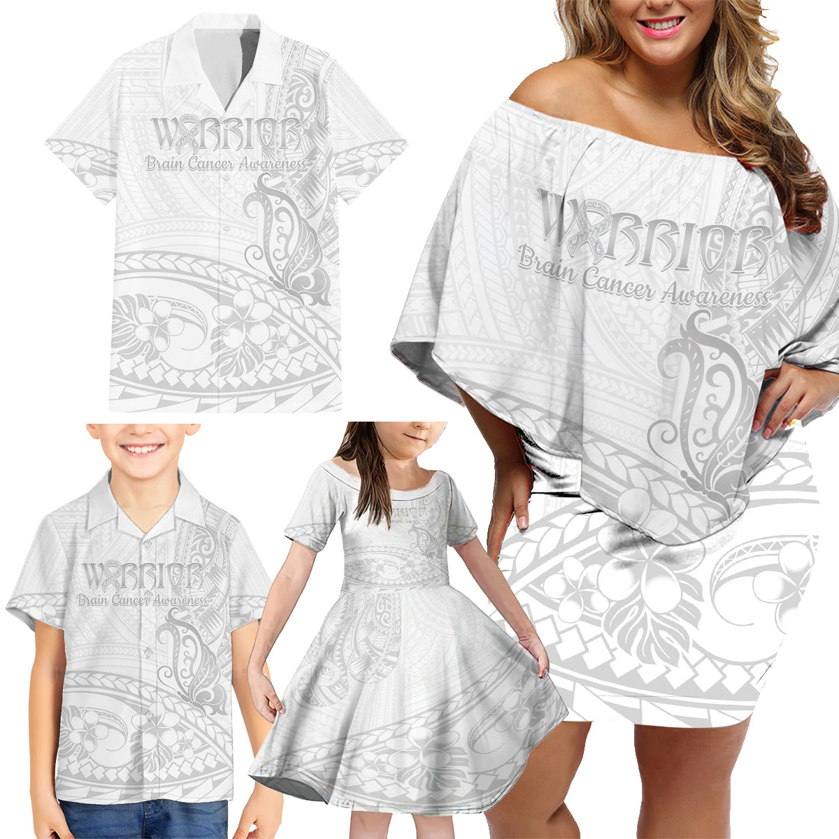 Polynesia Brain Cancer Awareness Family Matching Off Shoulder Short Dress and Hawaiian Shirt In May We Wear Grey