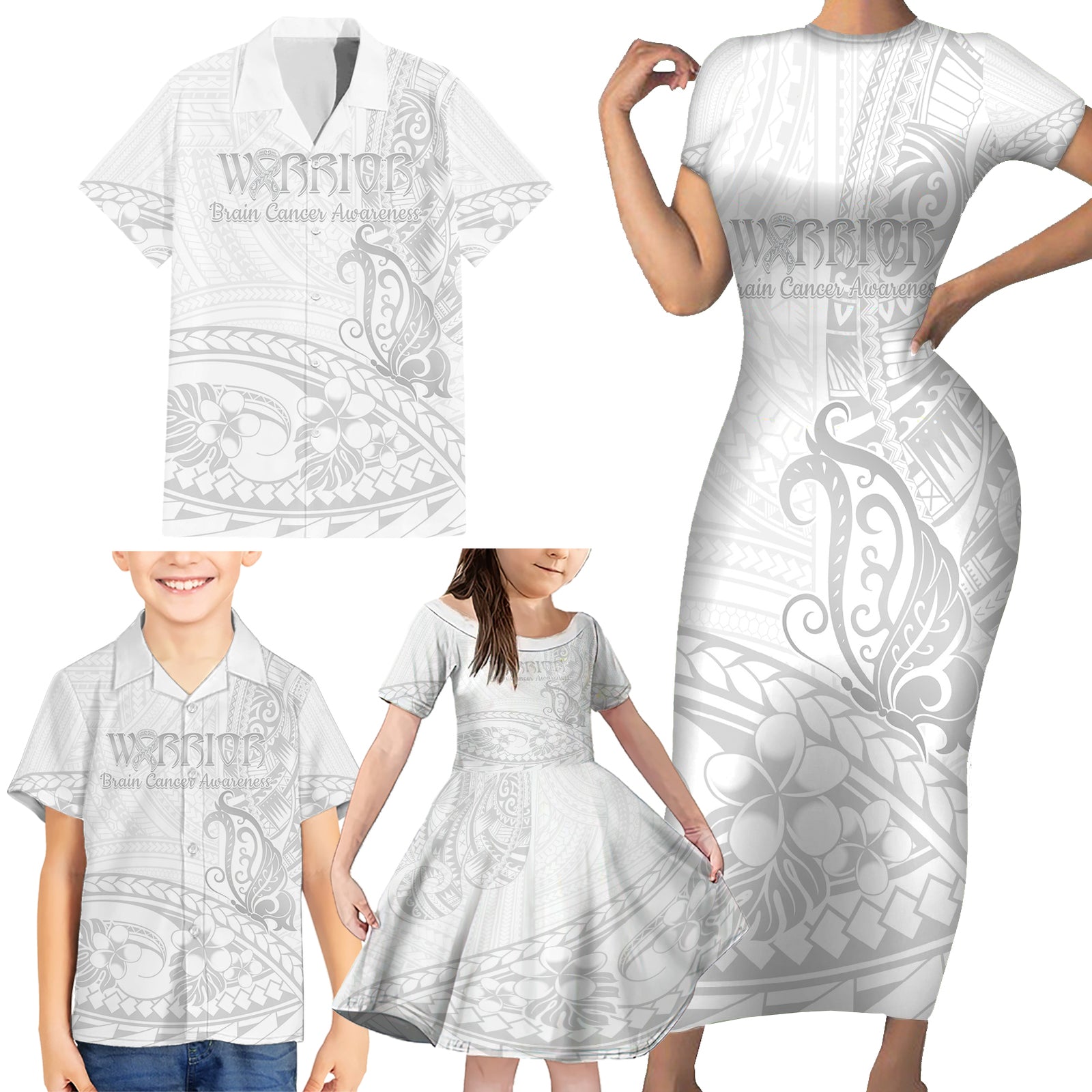 Polynesia Brain Cancer Awareness Family Matching Short Sleeve Bodycon Dress and Hawaiian Shirt In May We Wear Grey LT14 - Polynesian Pride