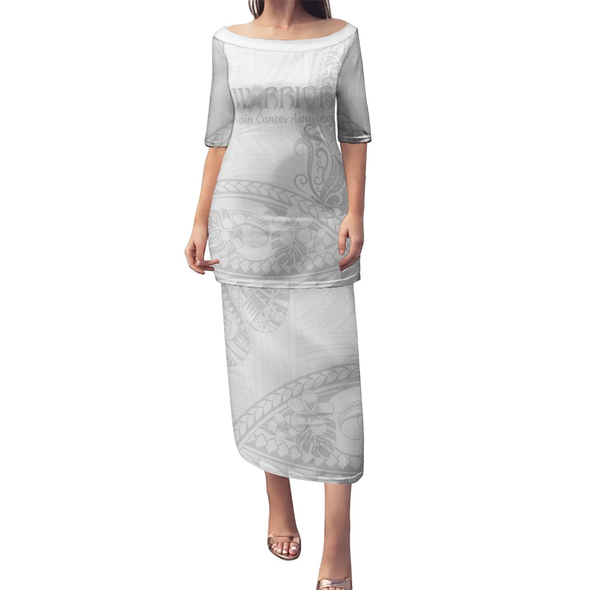 Polynesia Brain Cancer Awareness Puletasi In May We Wear Grey LT14 Long Dress White - Polynesian Pride