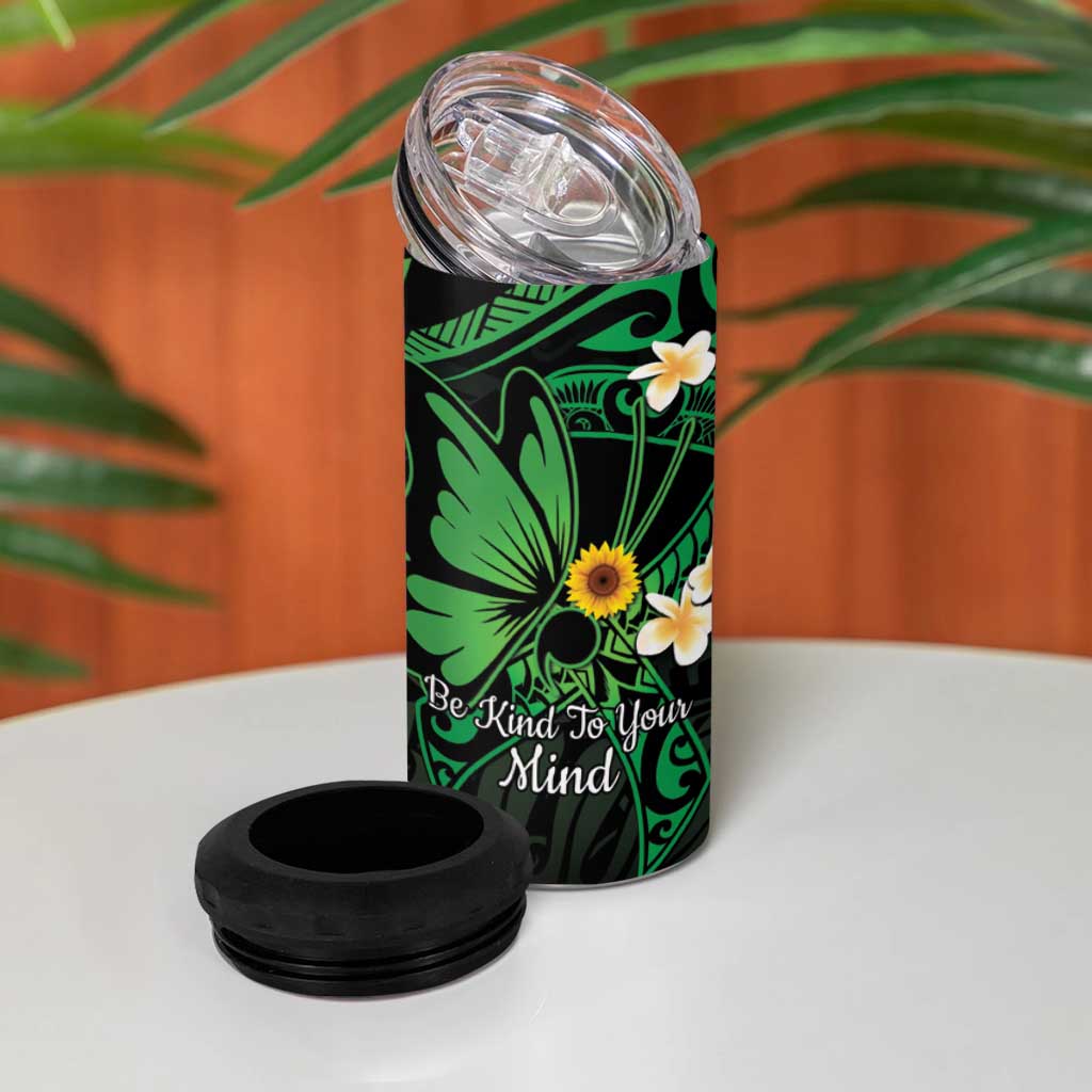 Polynesia Mental Health Awareness 4 in 1 Can Cooler Tumbler Green Ribbon Be Kind To Your Mind