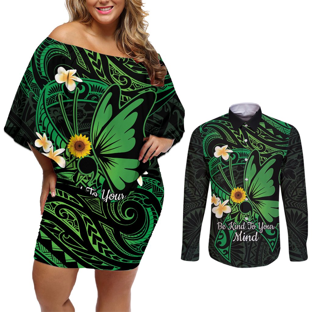 Polynesia Mental Health Awareness Couples Matching Off Shoulder Short Dress and Long Sleeve Button Shirt Green Ribbon Be Kind To Your Mind LT14 Green - Polynesian Pride