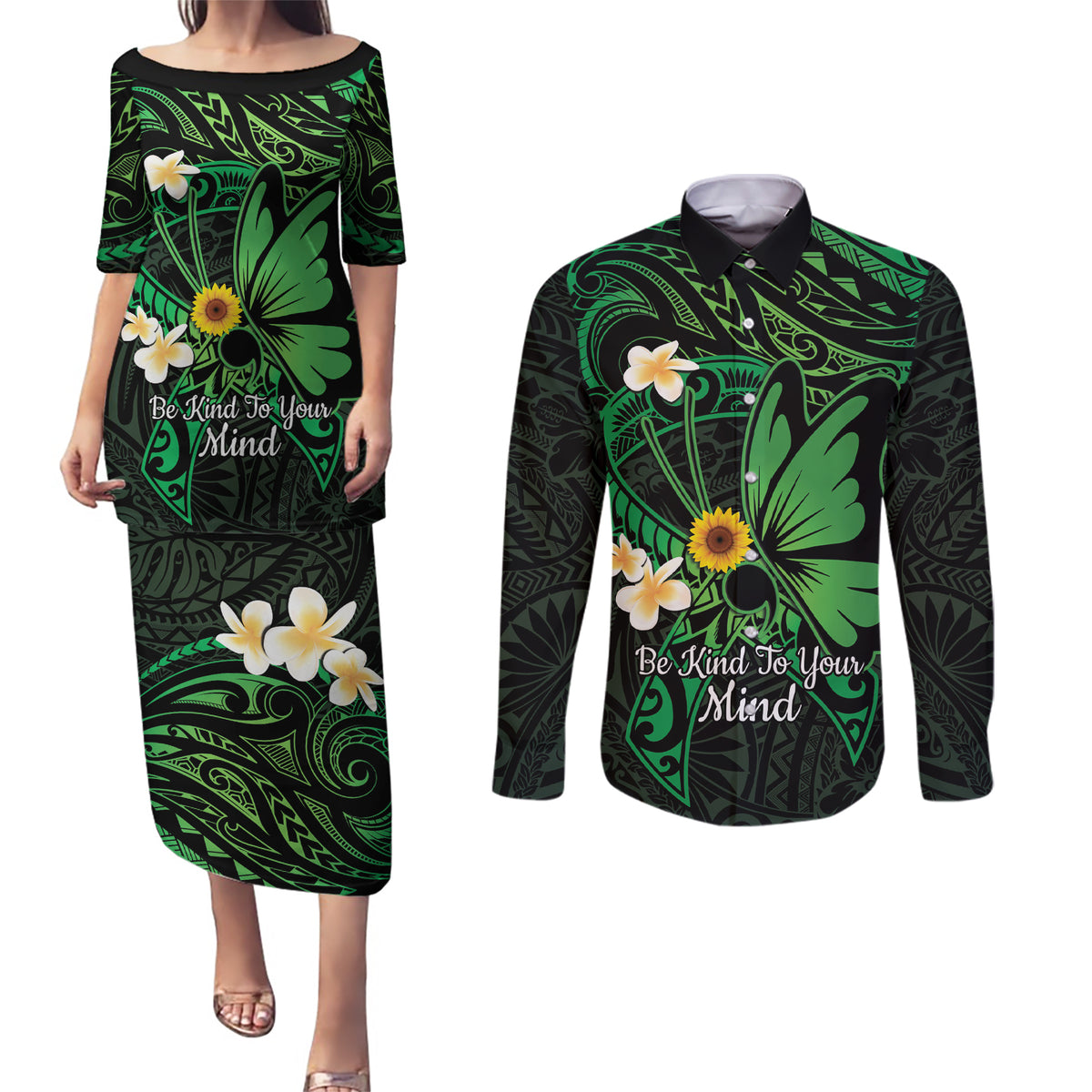 Polynesia Mental Health Awareness Couples Matching Puletasi and Long Sleeve Button Shirt Green Ribbon Be Kind To Your Mind