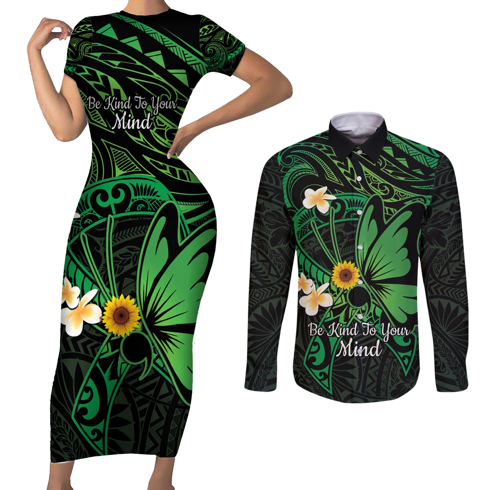 Polynesia Mental Health Awareness Couples Matching Short Sleeve Bodycon Dress and Long Sleeve Button Shirt Green Ribbon Be Kind To Your Mind LT14 Green - Polynesian Pride