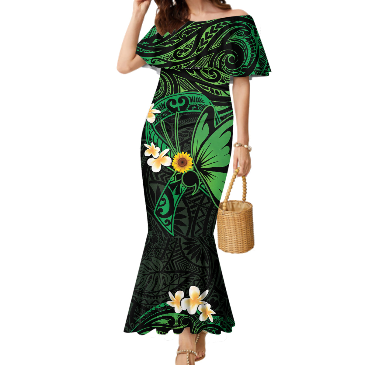 Polynesia Mental Health Awareness Family Matching Mermaid Dress and Hawaiian Shirt Green Ribbon Be Kind To Your Mind