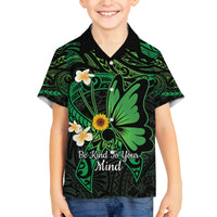 Polynesia Mental Health Awareness Family Matching Off The Shoulder Long Sleeve Dress and Hawaiian Shirt Green Ribbon Be Kind To Your Mind