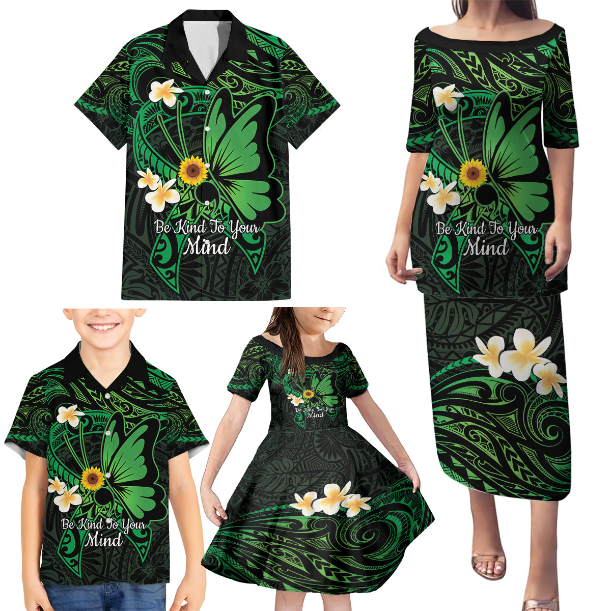 Polynesia Mental Health Awareness Family Matching Puletasi and Hawaiian Shirt Green Ribbon Be Kind To Your Mind LT14 - Polynesian Pride