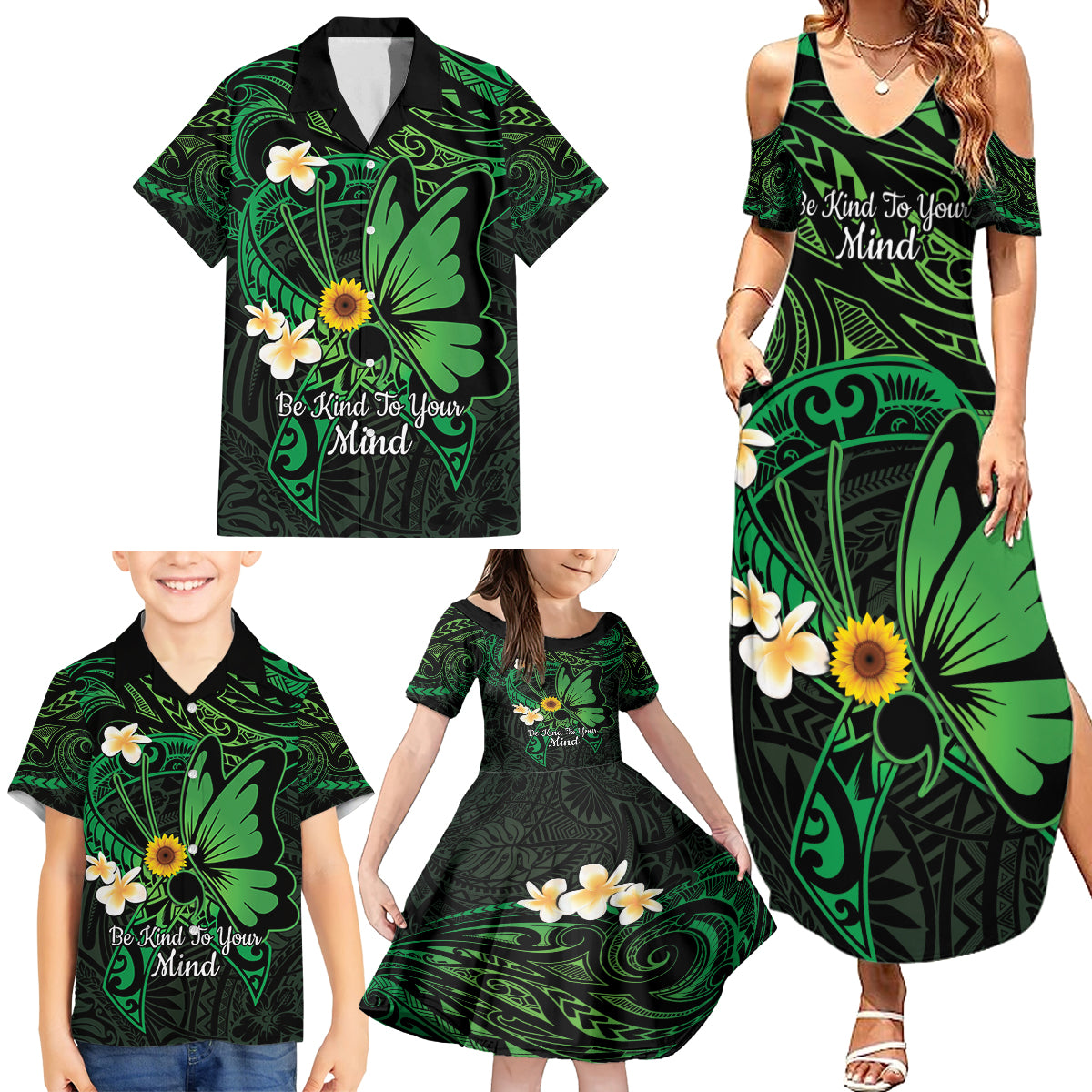 Polynesia Mental Health Awareness Family Matching Summer Maxi Dress and Hawaiian Shirt Green Ribbon Be Kind To Your Mind