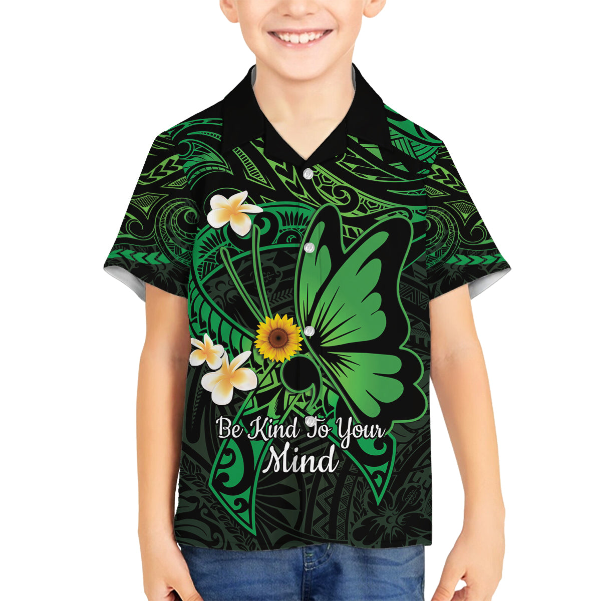 Polynesia Mental Health Awareness Family Matching Tank Maxi Dress and Hawaiian Shirt Green Ribbon Be Kind To Your Mind