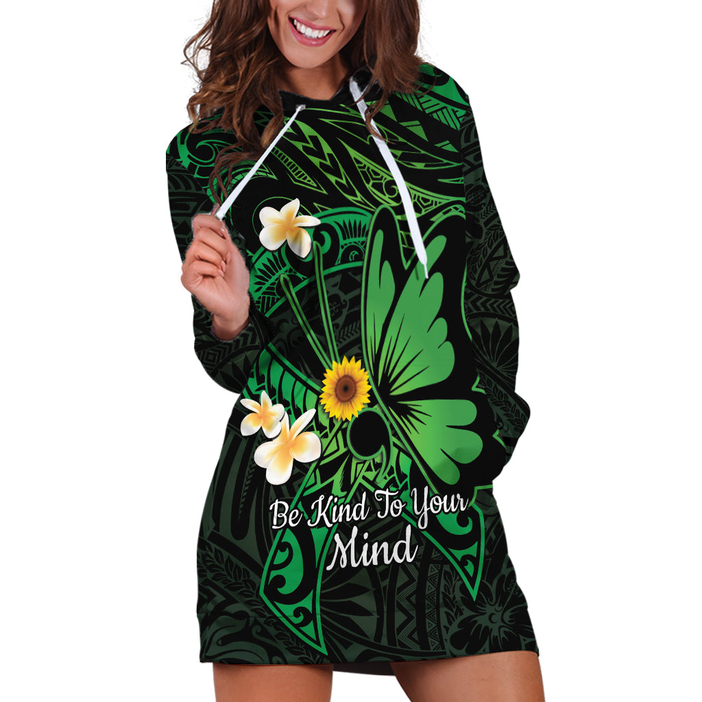 Polynesia Mental Health Awareness Hoodie Dress Green Ribbon Be Kind To Your Mind LT14 Green - Polynesian Pride