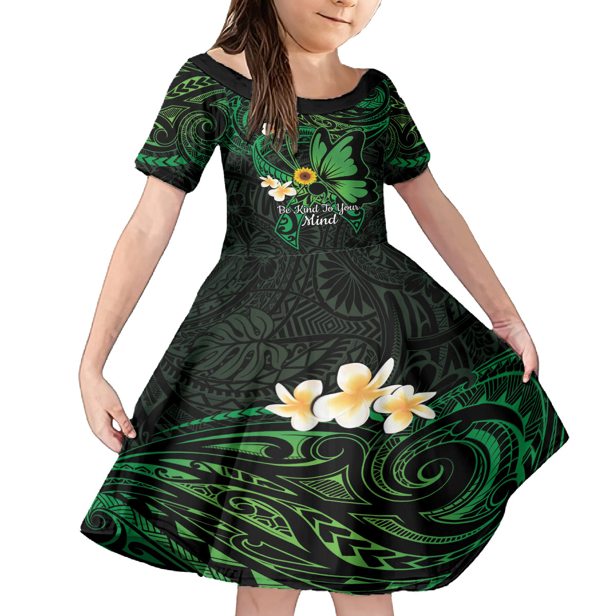 Polynesia Mental Health Awareness Kid Short Sleeve Dress Green Ribbon Be Kind To Your Mind