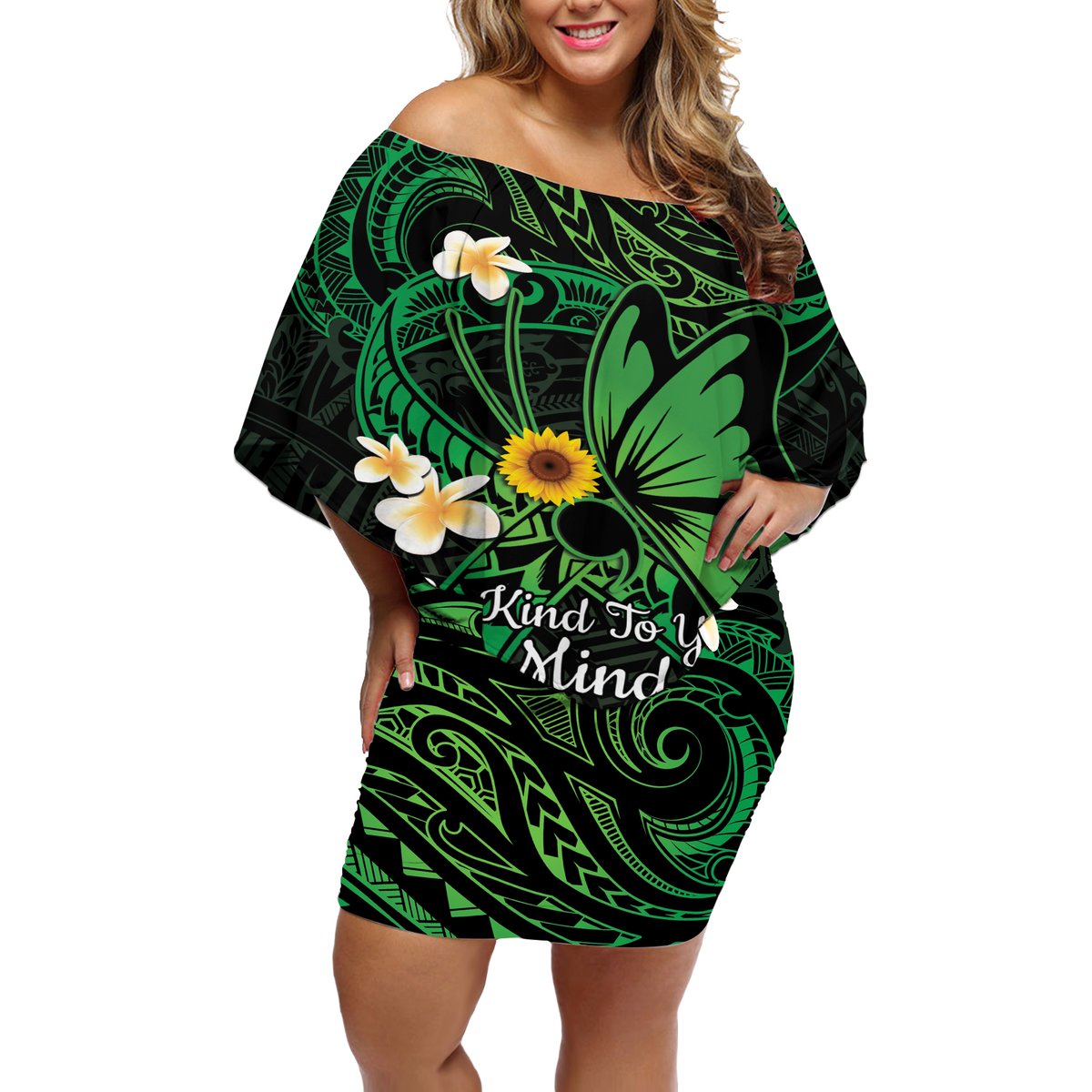 Polynesia Mental Health Awareness Off Shoulder Short Dress Green Ribbon Be Kind To Your Mind LT14 Women Green - Polynesian Pride