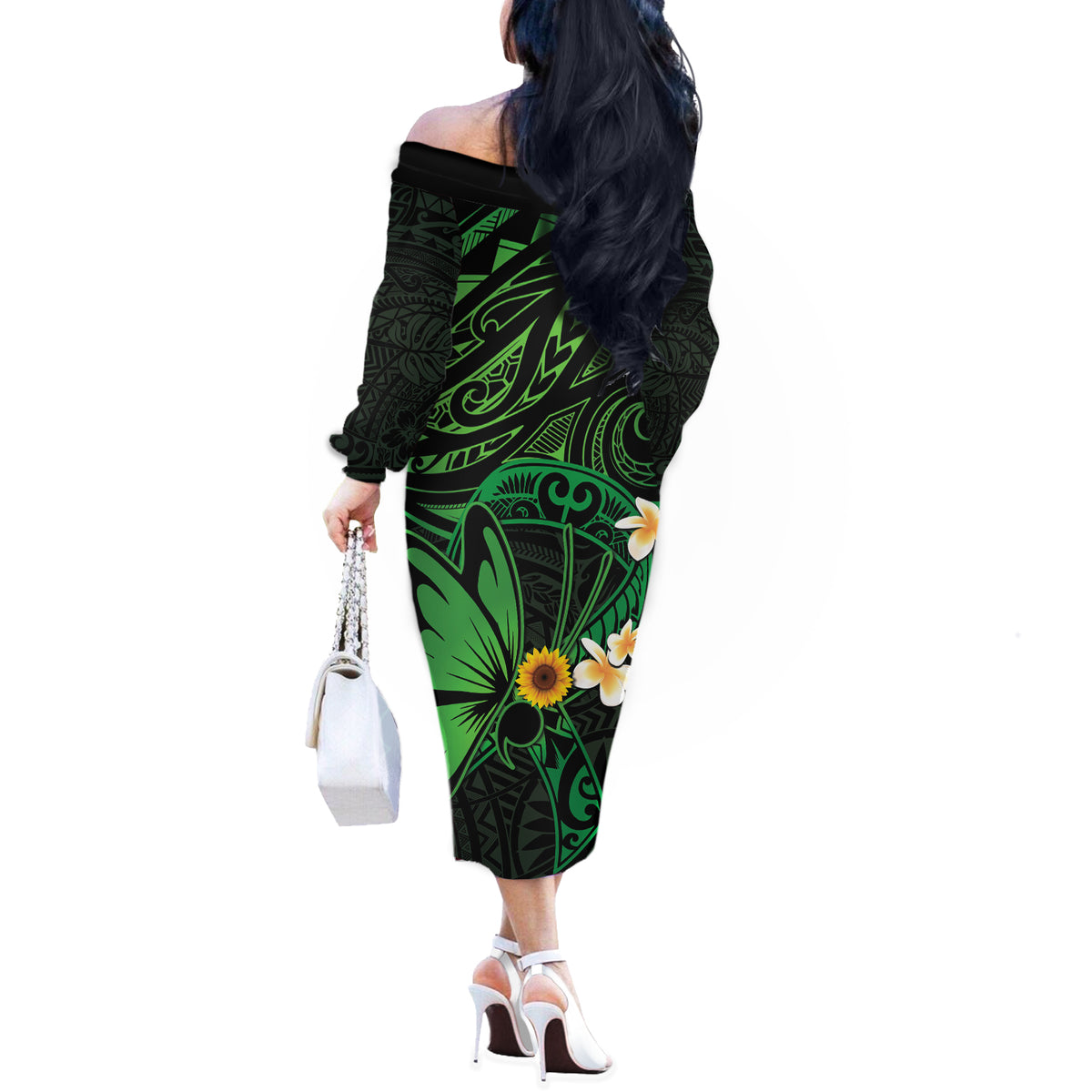 Polynesia Mental Health Awareness Off The Shoulder Long Sleeve Dress Green Ribbon Be Kind To Your Mind