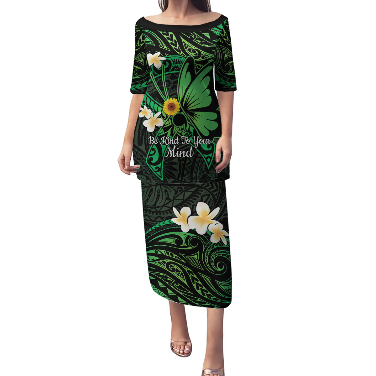 Polynesia Mental Health Awareness Puletasi Green Ribbon Be Kind To Your Mind LT14 Long Dress Green - Polynesian Pride