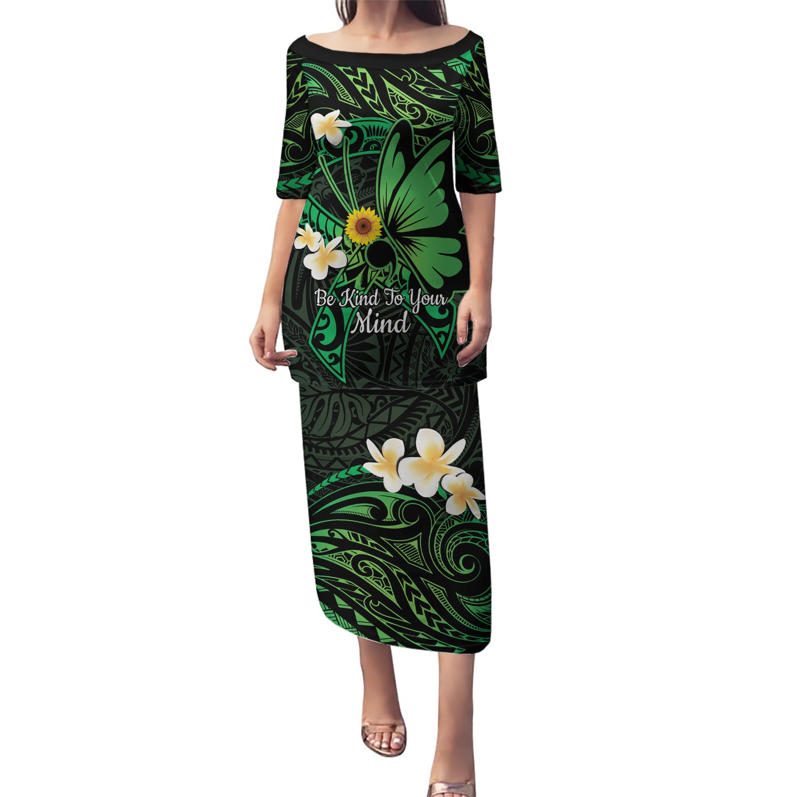 Polynesia Mental Health Awareness Puletasi Green Ribbon Be Kind To Your Mind LT14 Long Dress Green - Polynesian Pride