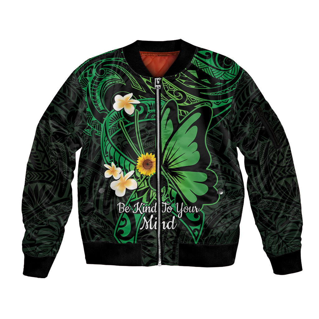 Polynesia Mental Health Awareness Sleeve Zip Bomber Jacket Green Ribbon Be Kind To Your Mind LT14 Unisex Green - Polynesian Pride