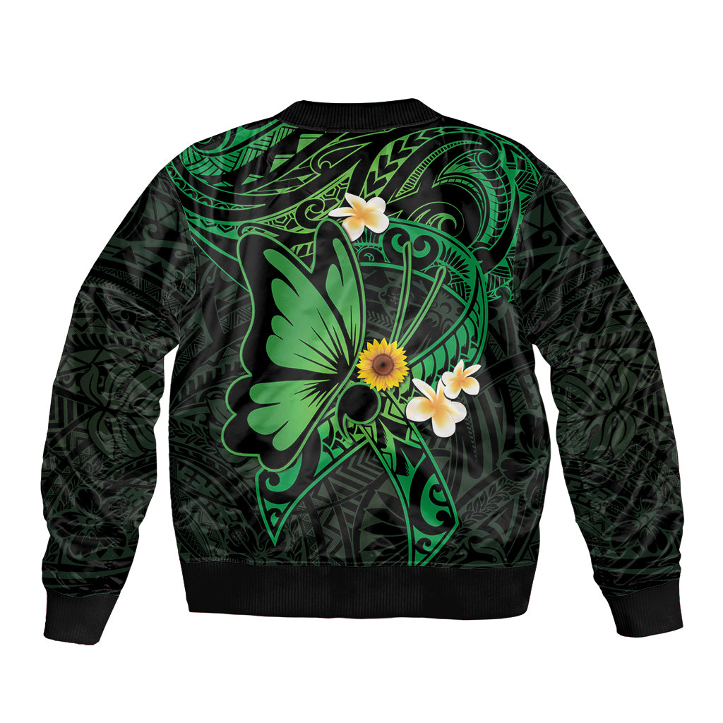 Polynesia Mental Health Awareness Sleeve Zip Bomber Jacket Green Ribbon Be Kind To Your Mind LT14 - Polynesian Pride