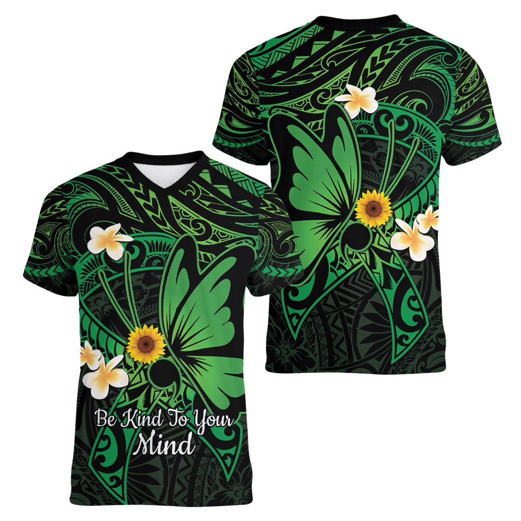 Polynesia Mental Health Awareness Women V-Neck T-Shirt Green Ribbon Be Kind To Your Mind