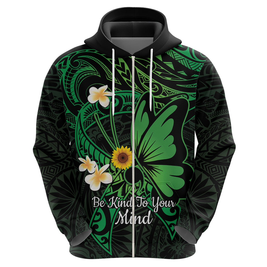 Polynesia Mental Health Awareness Zip Hoodie Green Ribbon Be Kind To Your Mind