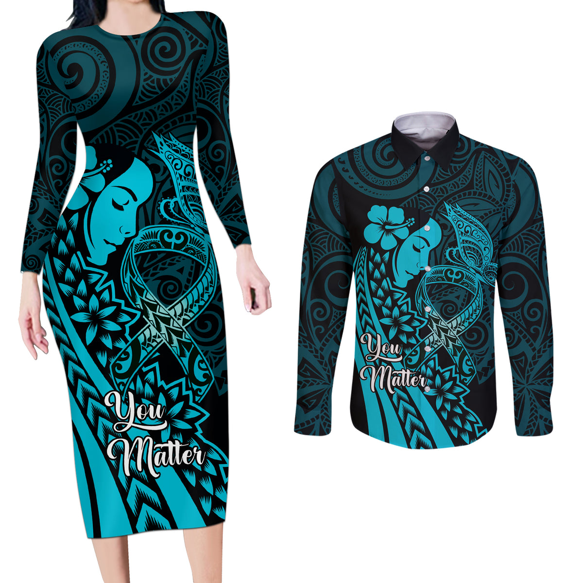 Polynesia World Ovarian Cancer Day Couples Matching Long Sleeve Bodycon Dress and Long Sleeve Button Shirt You Matter Polynesian Women
