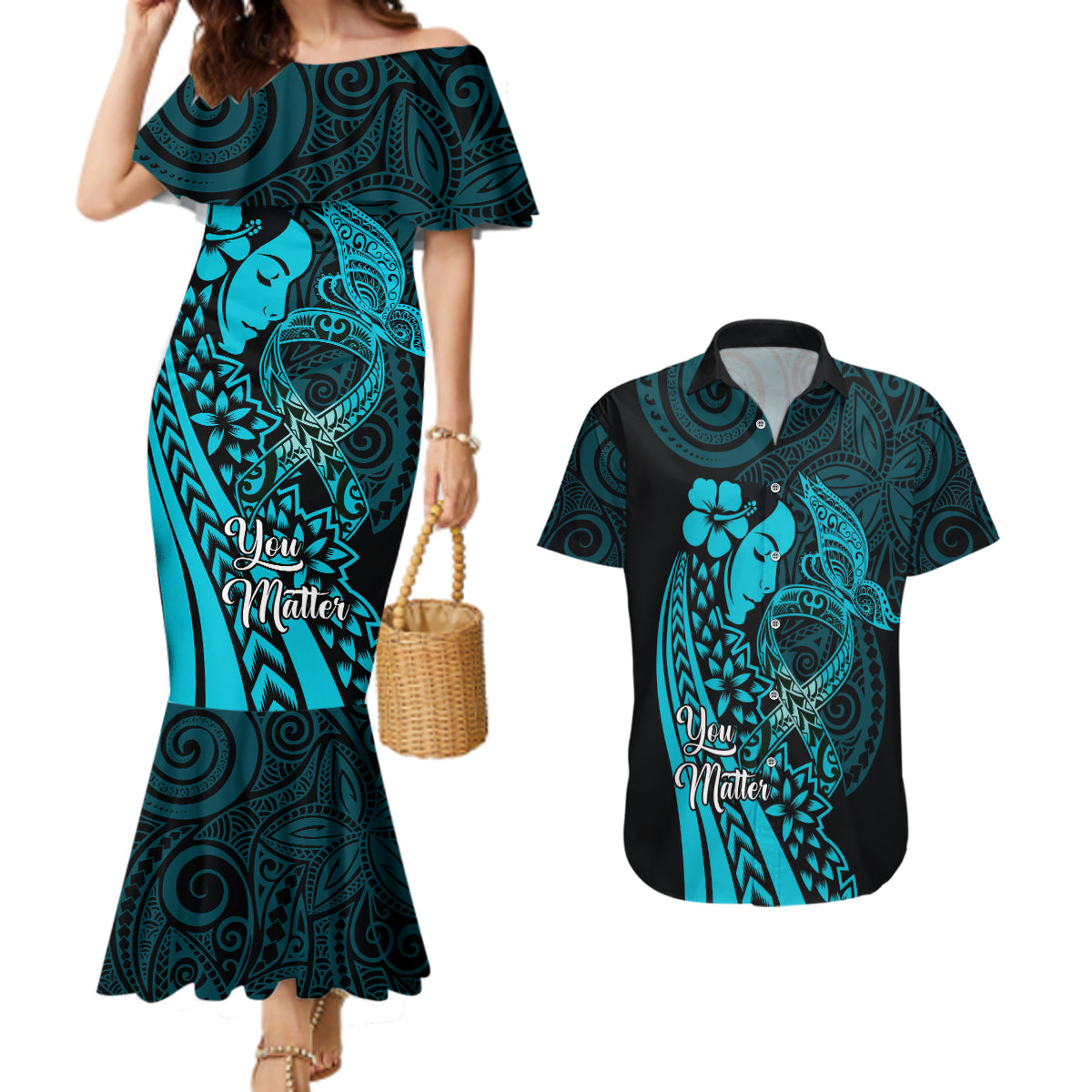 Polynesia World Ovarian Cancer Day Couples Matching Mermaid Dress and Hawaiian Shirt You Matter Polynesian Women