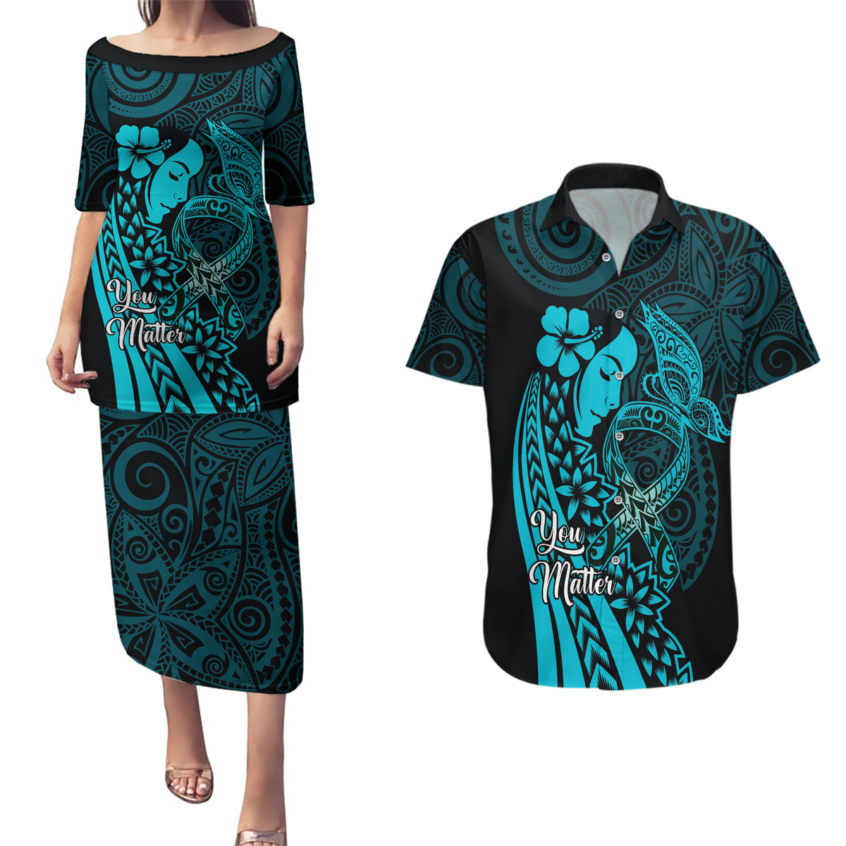 Polynesia World Ovarian Cancer Day Couples Matching Puletasi and Hawaiian Shirt You Matter Polynesian Women