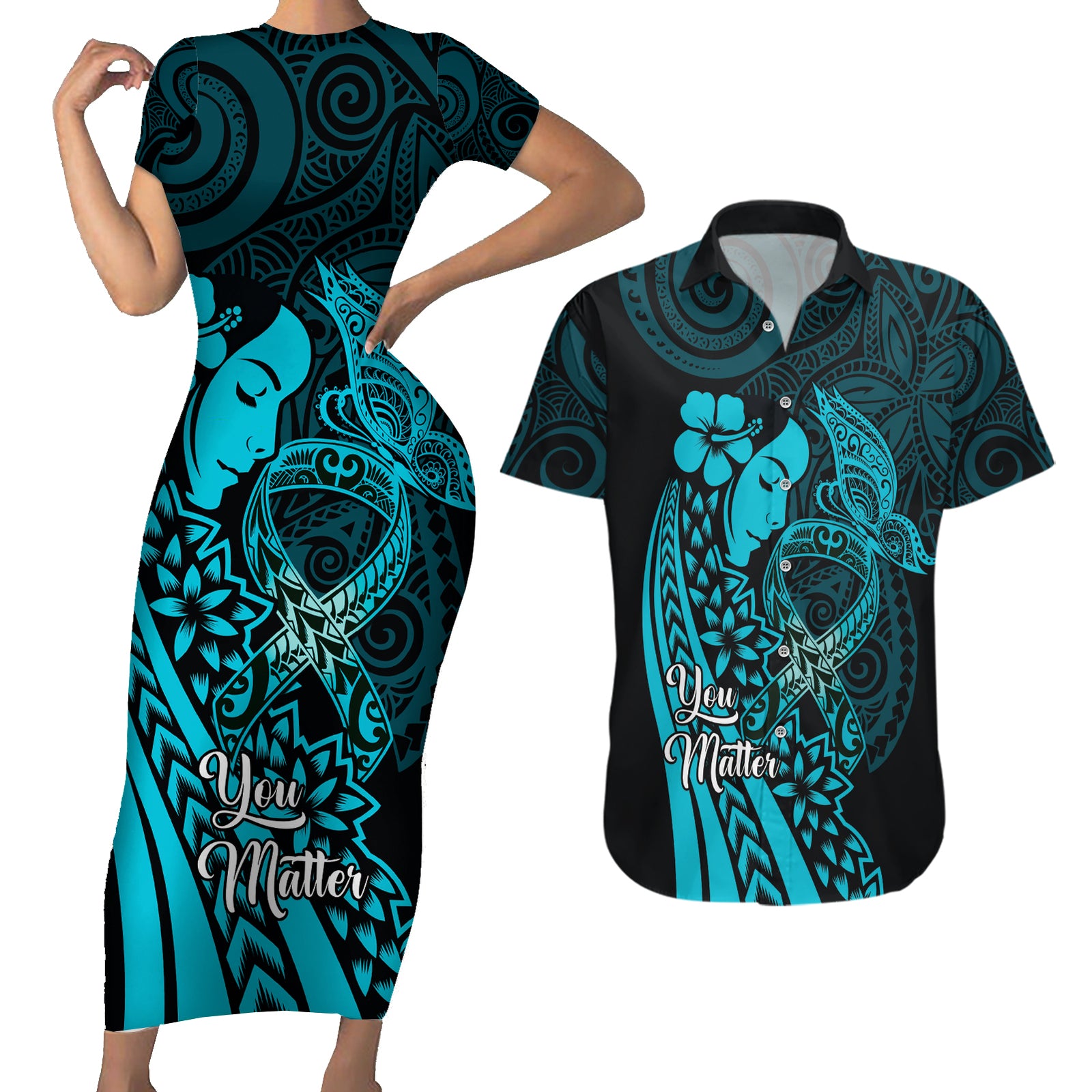 Polynesia World Ovarian Cancer Day Couples Matching Short Sleeve Bodycon Dress and Hawaiian Shirt You Matter Polynesian Women LT14 Teal - Polynesian Pride