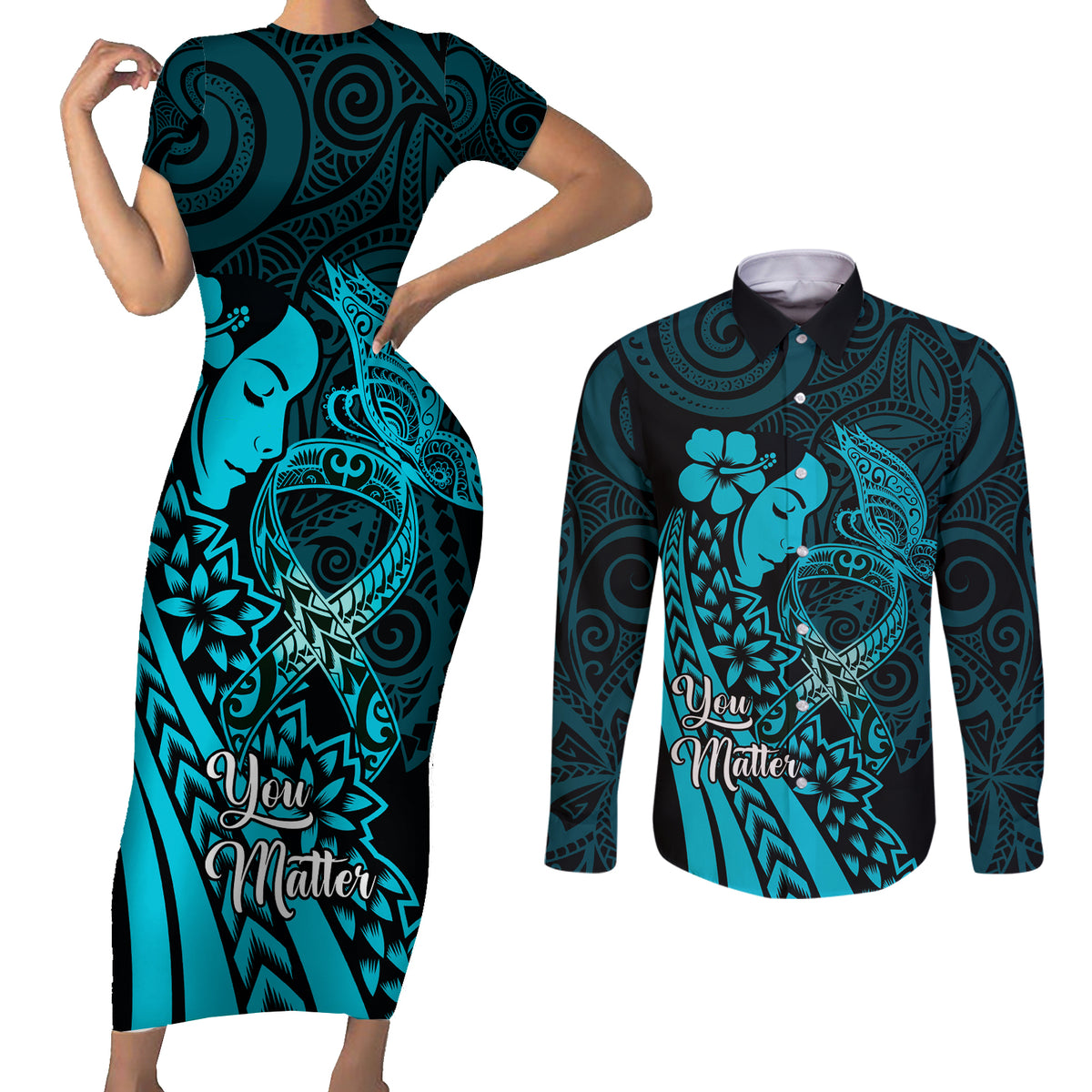 Polynesia World Ovarian Cancer Day Couples Matching Short Sleeve Bodycon Dress and Long Sleeve Button Shirt You Matter Polynesian Women