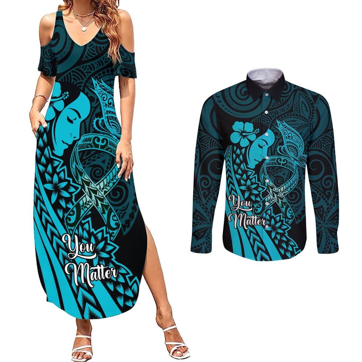 Polynesia World Ovarian Cancer Day Couples Matching Summer Maxi Dress and Long Sleeve Button Shirt You Matter Polynesian Women LT14 Teal - Polynesian Pride
