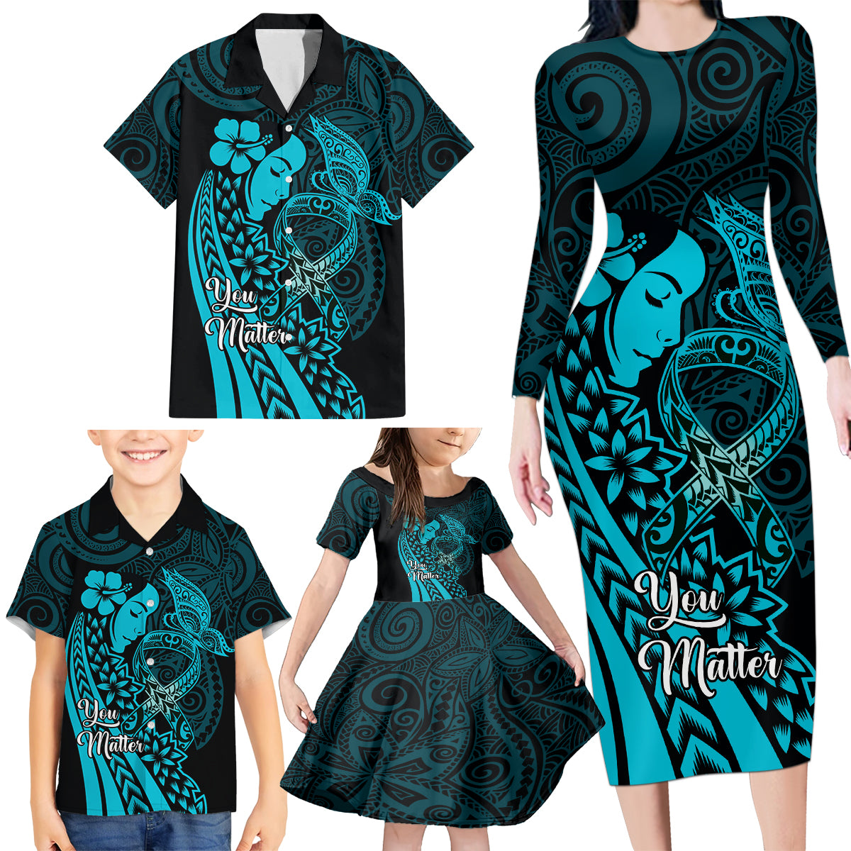 Polynesia World Ovarian Cancer Day Family Matching Long Sleeve Bodycon Dress and Hawaiian Shirt You Matter Polynesian Women